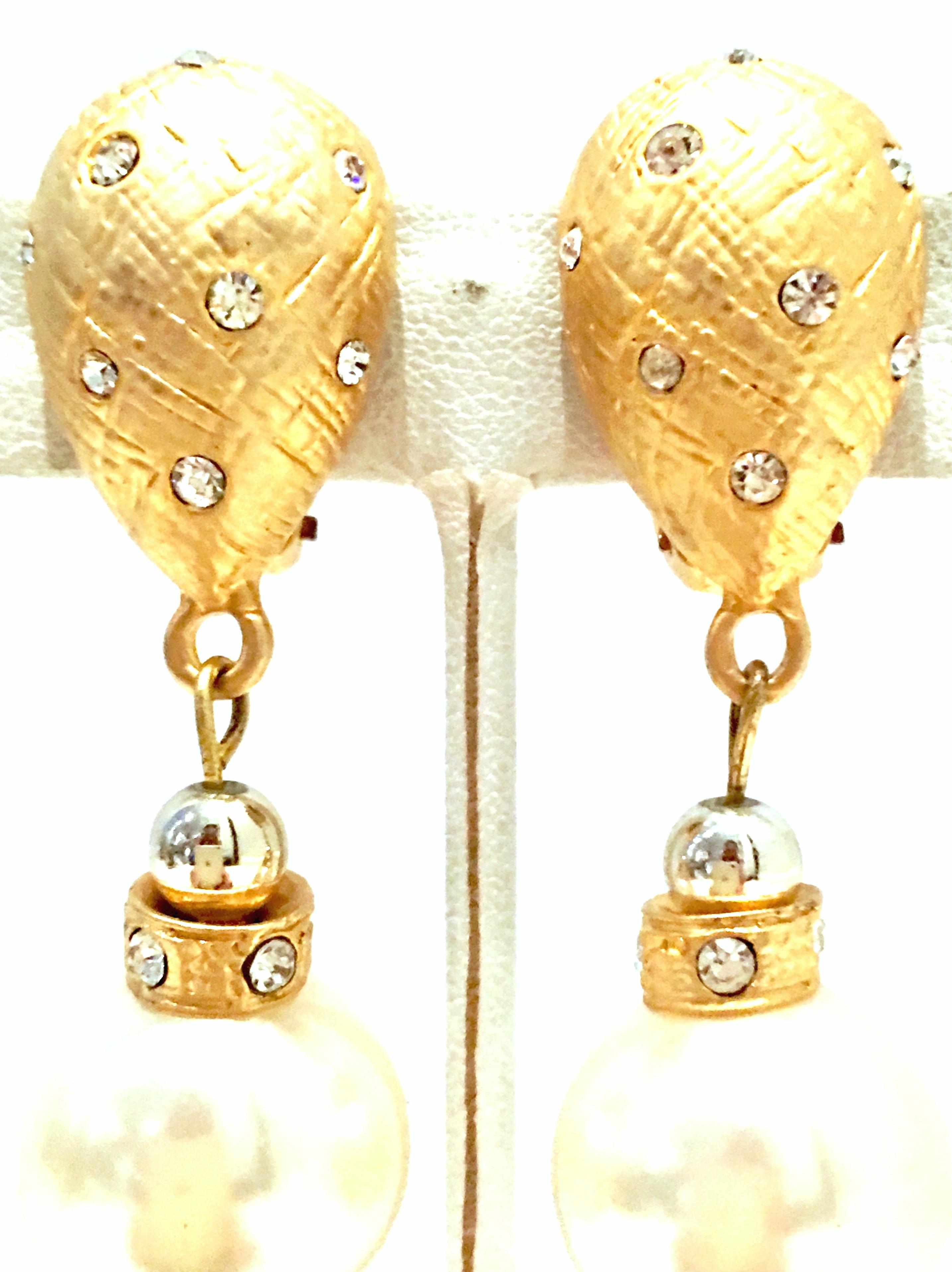 80'S Gold & Faux Pearl Bead Swarovski Crystal Drop Earrings By, Christian Dior For Sale 1