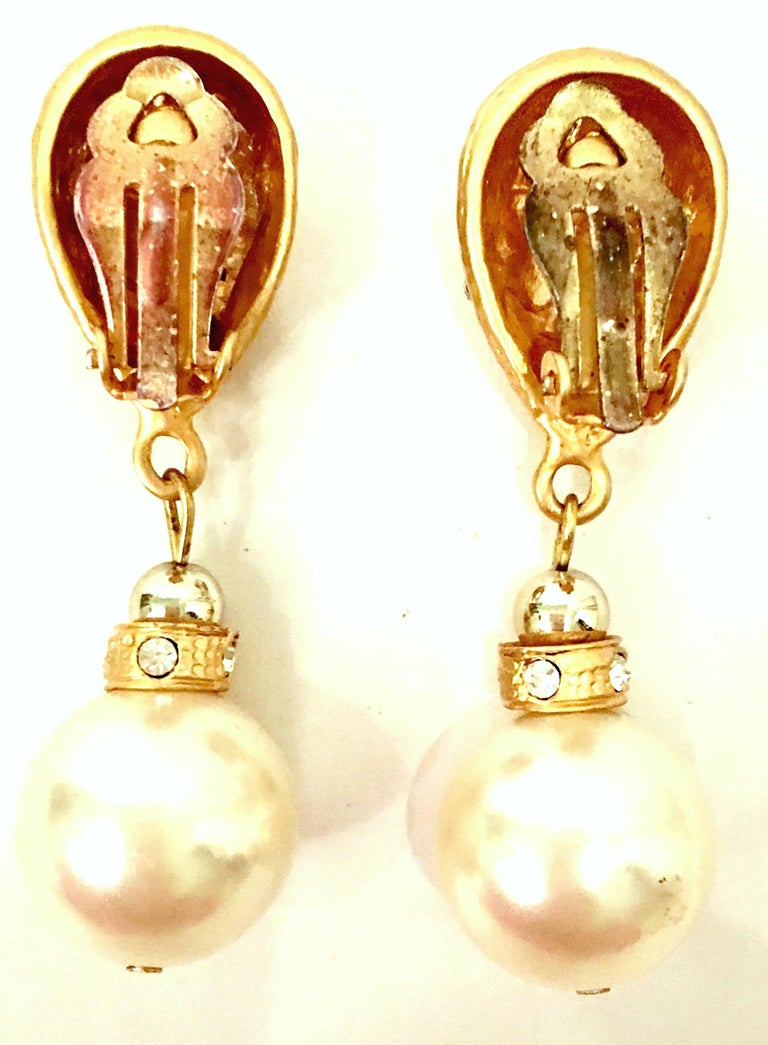 80'S Gold and Faux Pearl Bead Swarovski Crystal Drop Earrings By