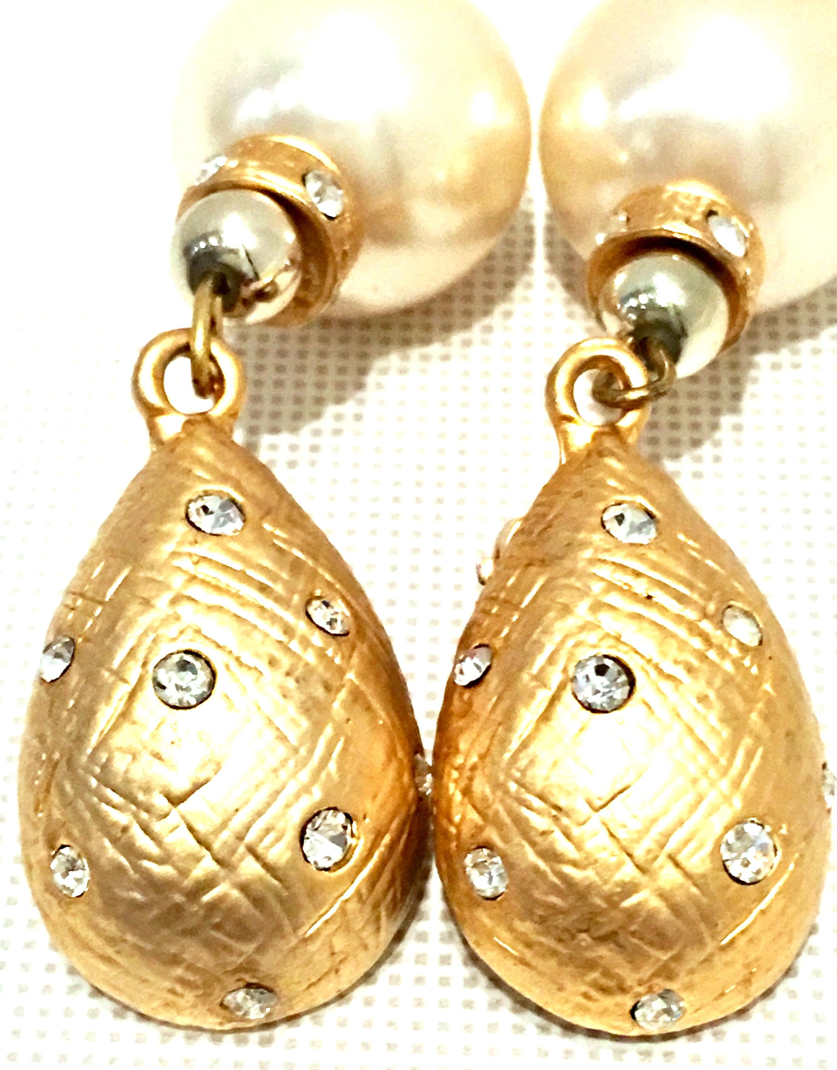 80'S Gold & Faux Pearl Bead Swarovski Crystal Drop Earrings By, Christian Dior For Sale 2
