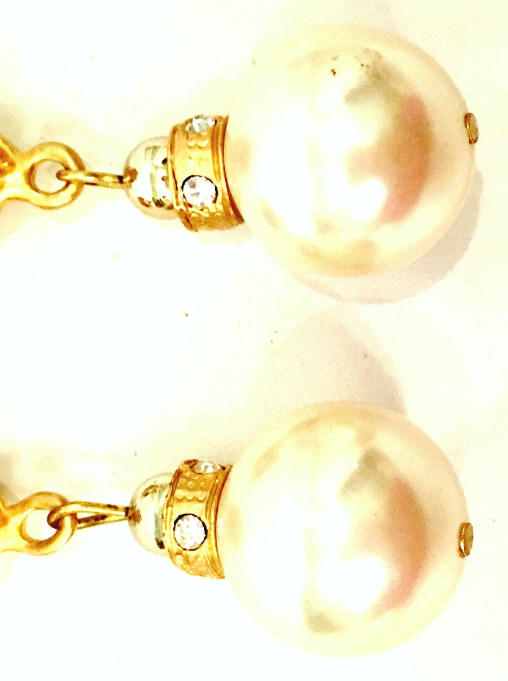 80'S Gold & Faux Pearl Bead Swarovski Crystal Drop Earrings By, Christian Dior For Sale 1