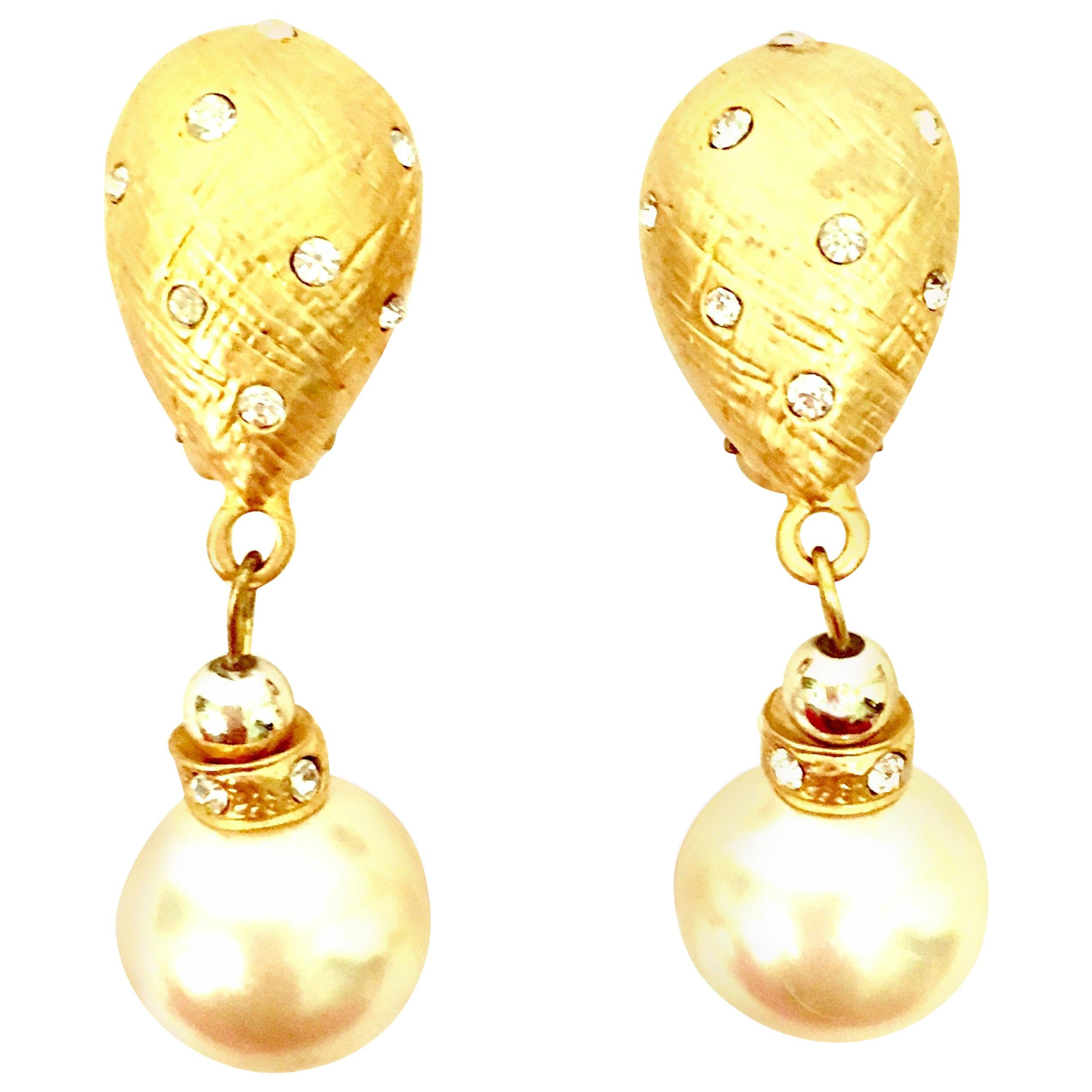 80'S Gold & Faux Pearl Bead Swarovski Crystal Drop Earrings By, Christian Dior For Sale