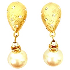 80'S Gold & Faux Pearl Bead Swarovski Crystal Drop Earrings By, Christian Dior