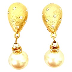 80'S Gold & Faux Pearl Bead Swarovski Crystal Drop Earrings By, Christian Dior