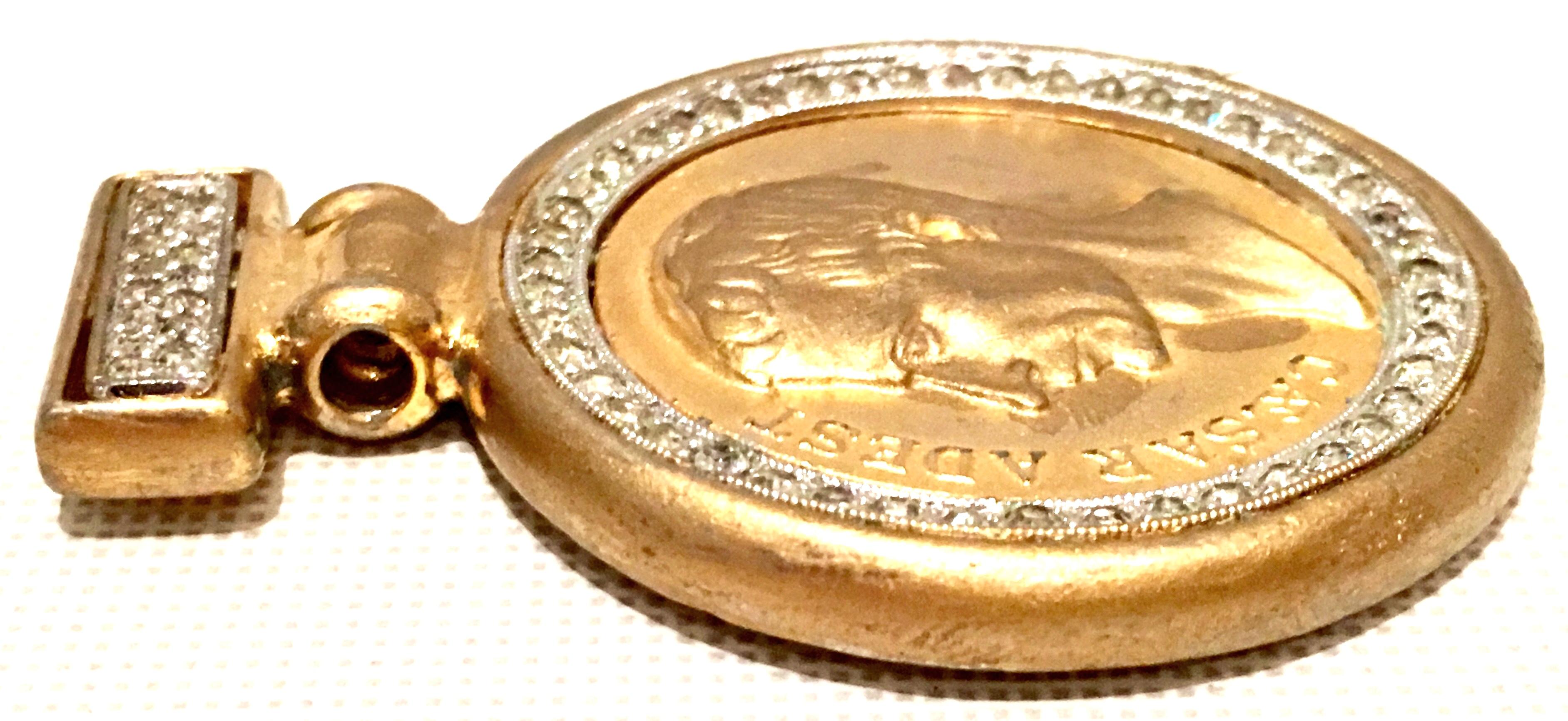 Women's or Men's 80's Gold Gilt & Swarovski Crystal Roman Coin Necklace Pendant By, Ben Amum