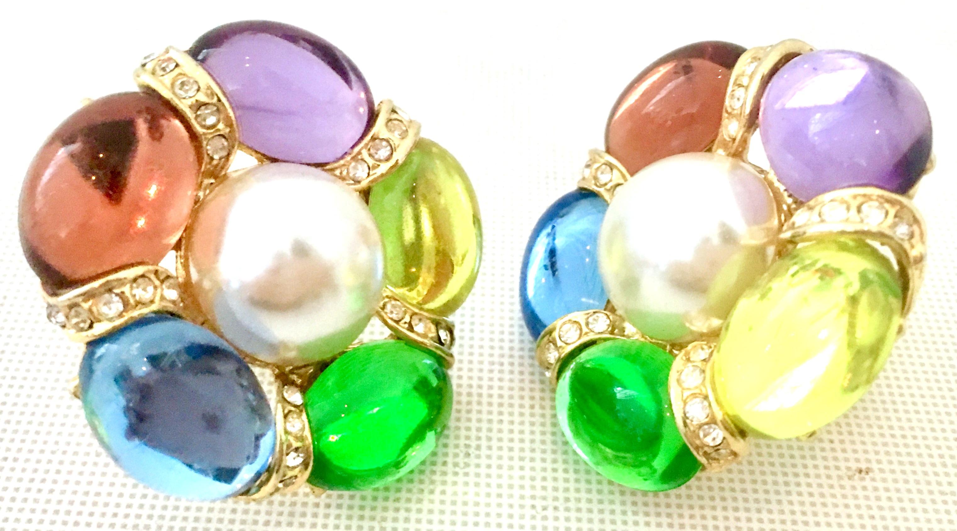 1980'S Gold Plate, Multi Colored Lucite Cabochon Faux Pearl & Swarovski Crystal Clear Rhinestone Earrings By, Park Lane. These large scale clip style earrings feature oval cabochon stones, round central faux pearl with pave set rondelle crystal