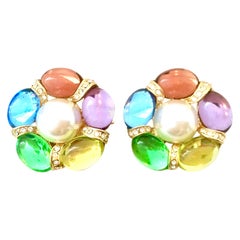 Vintage 80'S Gold Lucite Cabochon & Swaorvksi Crystal Earrings By, Park Lane