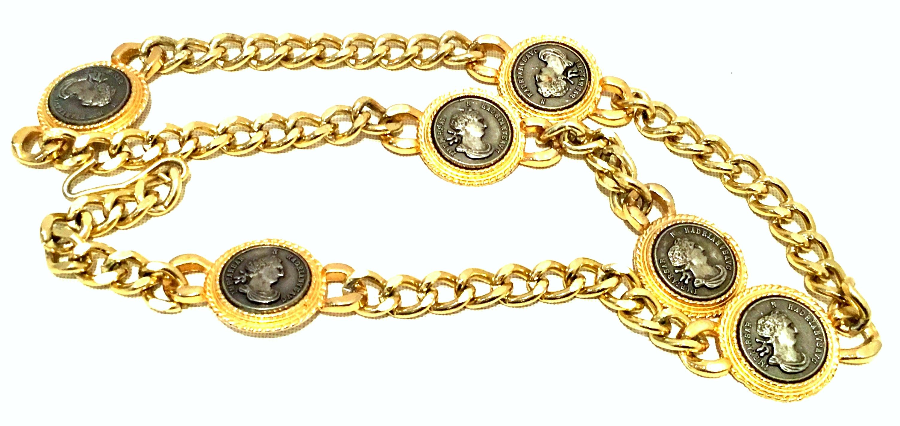 1980'S Gold Plate Chain Link & Roman Coin Medallion Belt Or Necklace By, Omega. Features, Five, 1.5