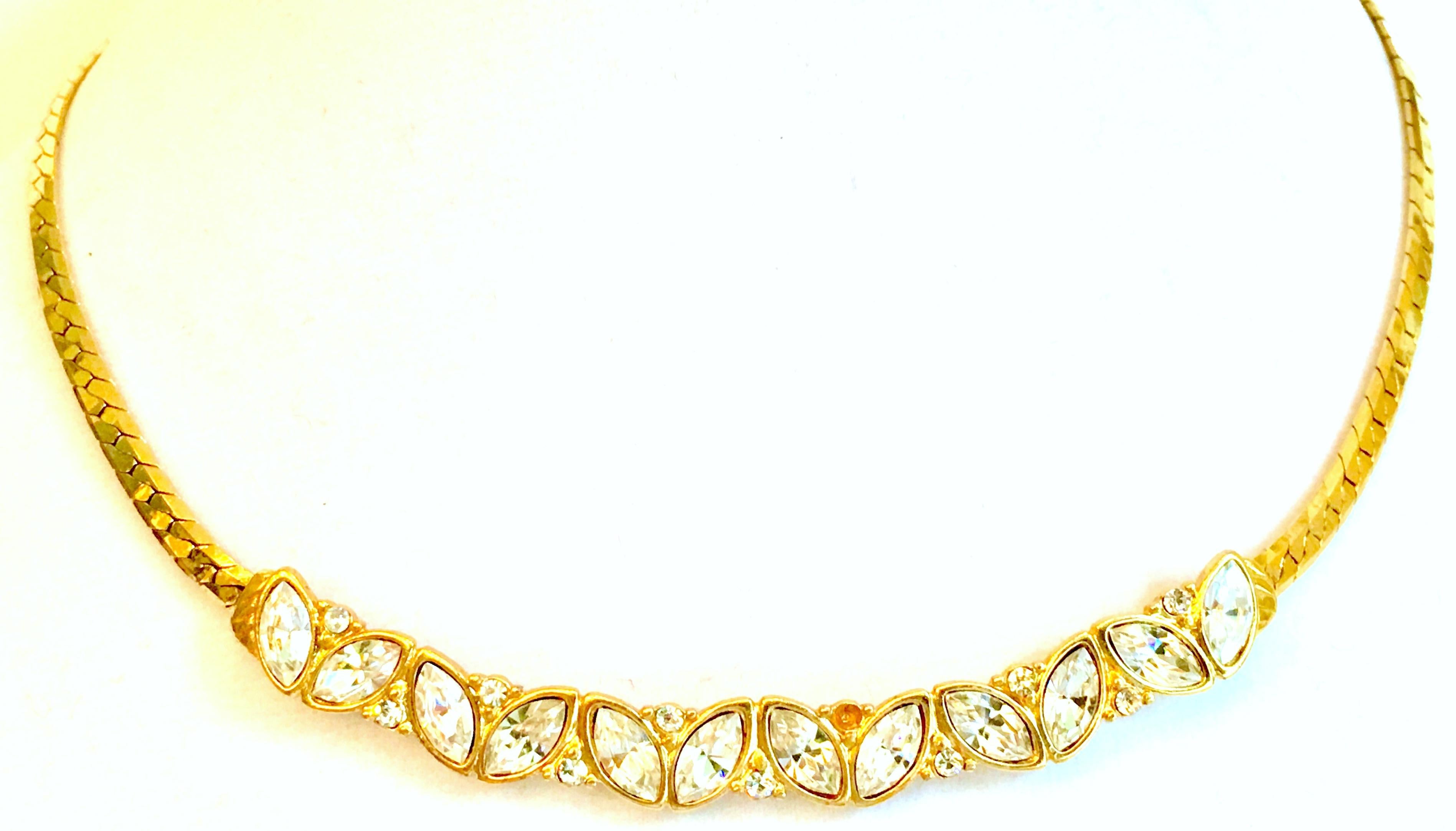 1980'S Gold Plate & Swarovski Crystal Clear Rhinestone Choker Style Necklace By, Monet. Signed on the locking claw style clasp as well as the hang tag at the clasp, Monet.