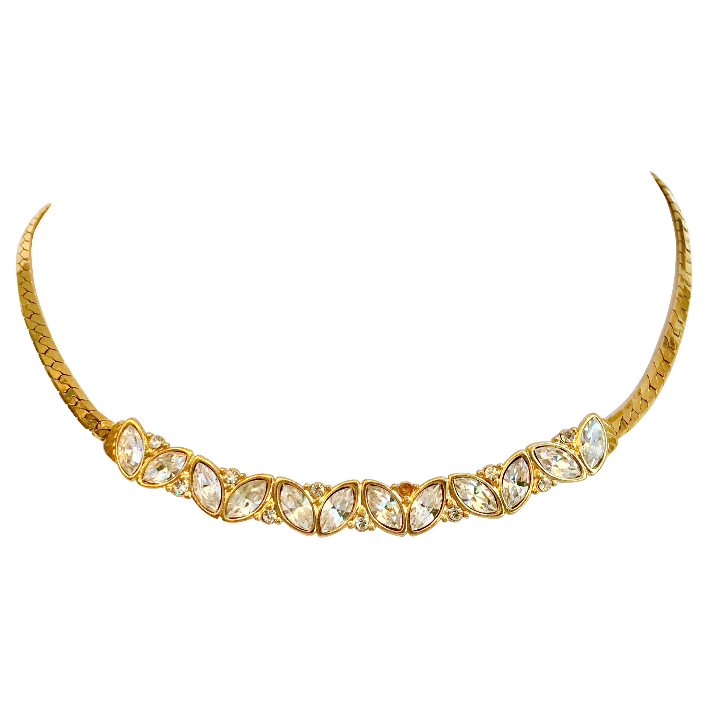 1980'S Gold Plate & Swarovski Crystal Clear Rhinestone Choker Style Necklace By, Monet. Signed on the locking claw style clasp as well as the hang tag at the clasp, Monet.