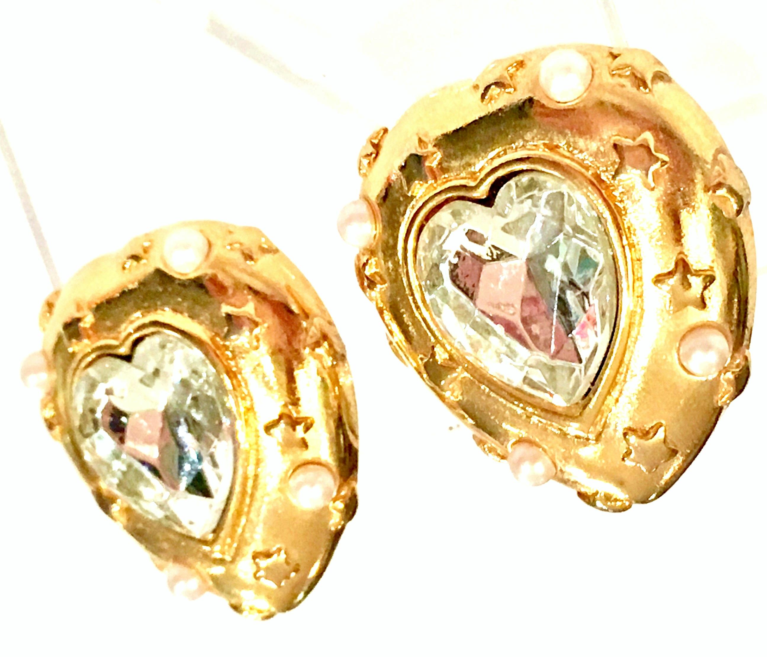80'S Gold & Swarovski Crystal Heart & Star Earrings By, Trifari In Excellent Condition In West Palm Beach, FL