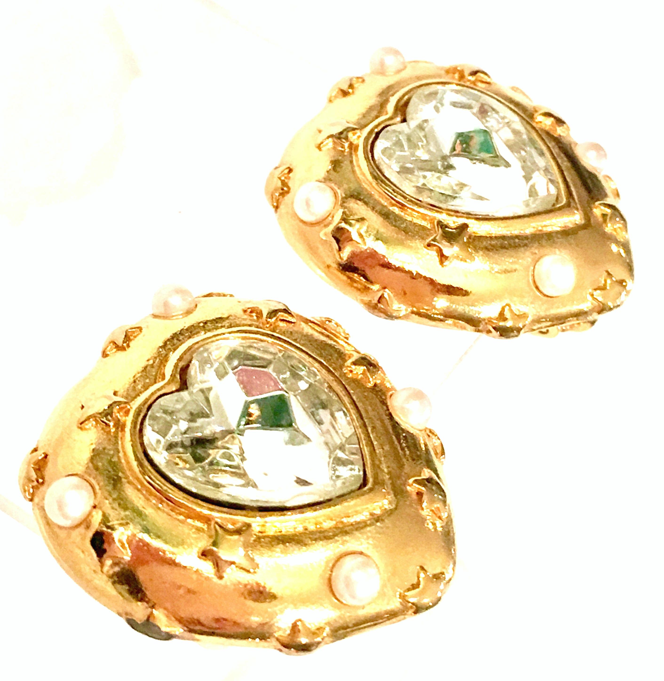 Women's or Men's 80'S Gold & Swarovski Crystal Heart & Star Earrings By, Trifari