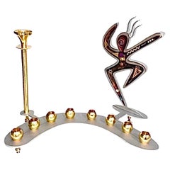 80s Handmade Vintage Postmodern Memphis Aluminum & Inlaid Abstract Menorah