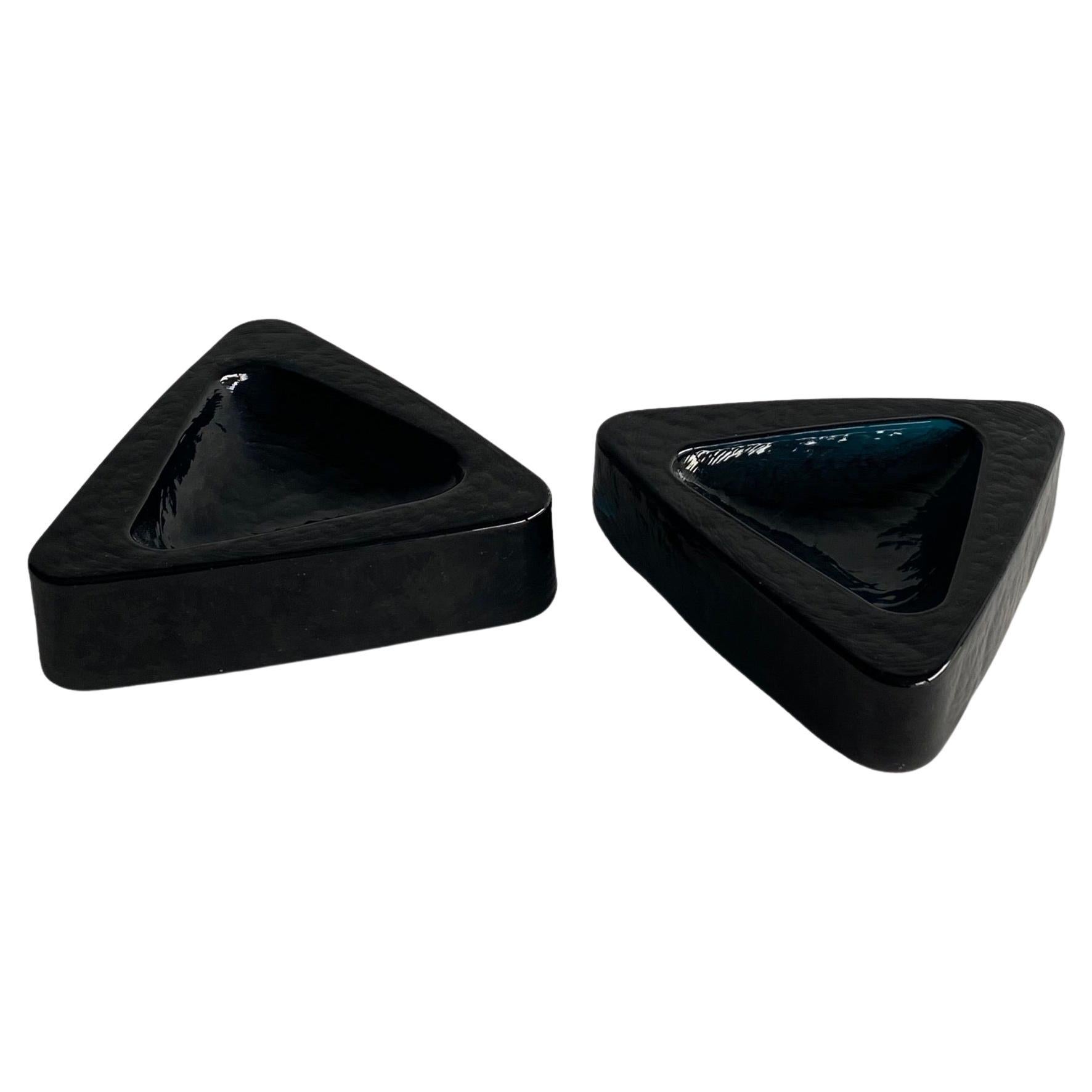 80's Heavy Glass Triangle Ashtrays Cobalt Blue For Sale