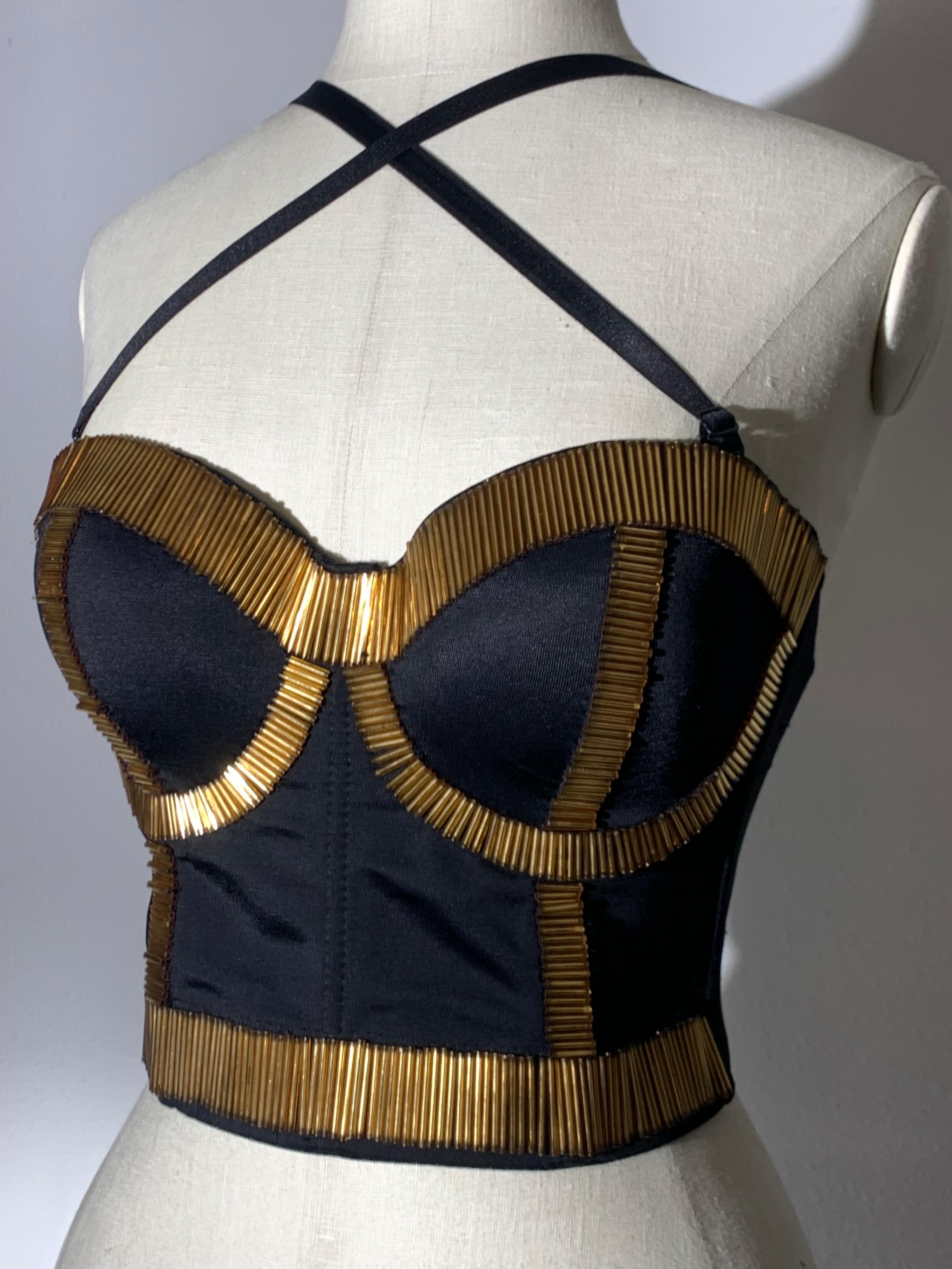 80s-Inspired Spandex Bustier w/ Long Gold Bugle Bead Edging & Adjustable Straps:  This contemporary bustier mimics 1980s clubwear and runway looks with its unusual stacked long glass bugle beads all around the bustline. Completely adjustable with