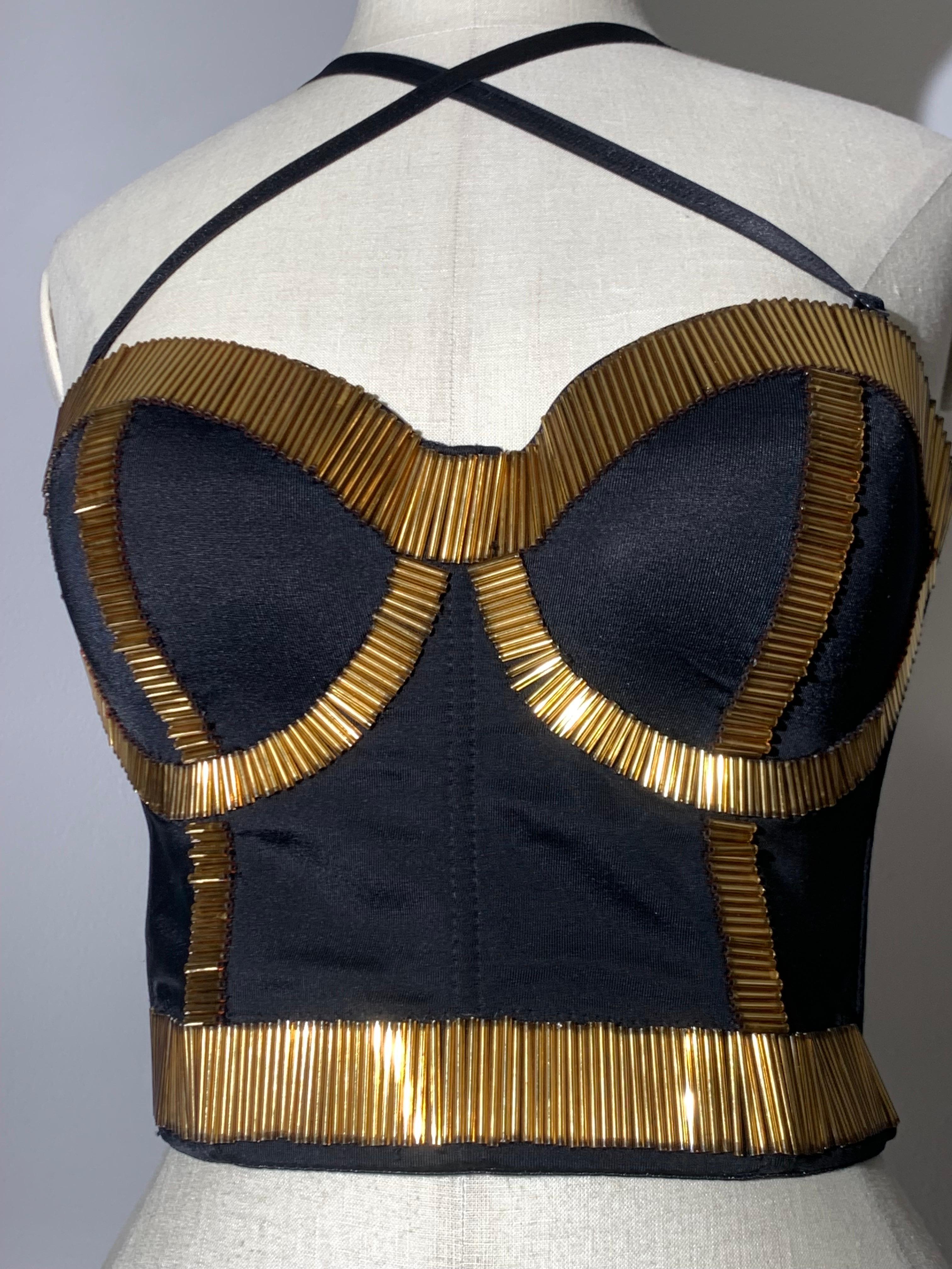Black 80s-Inspired Spandex Bustier w/ Long Gold Bugle Bead Edging & Adjustible Straps For Sale