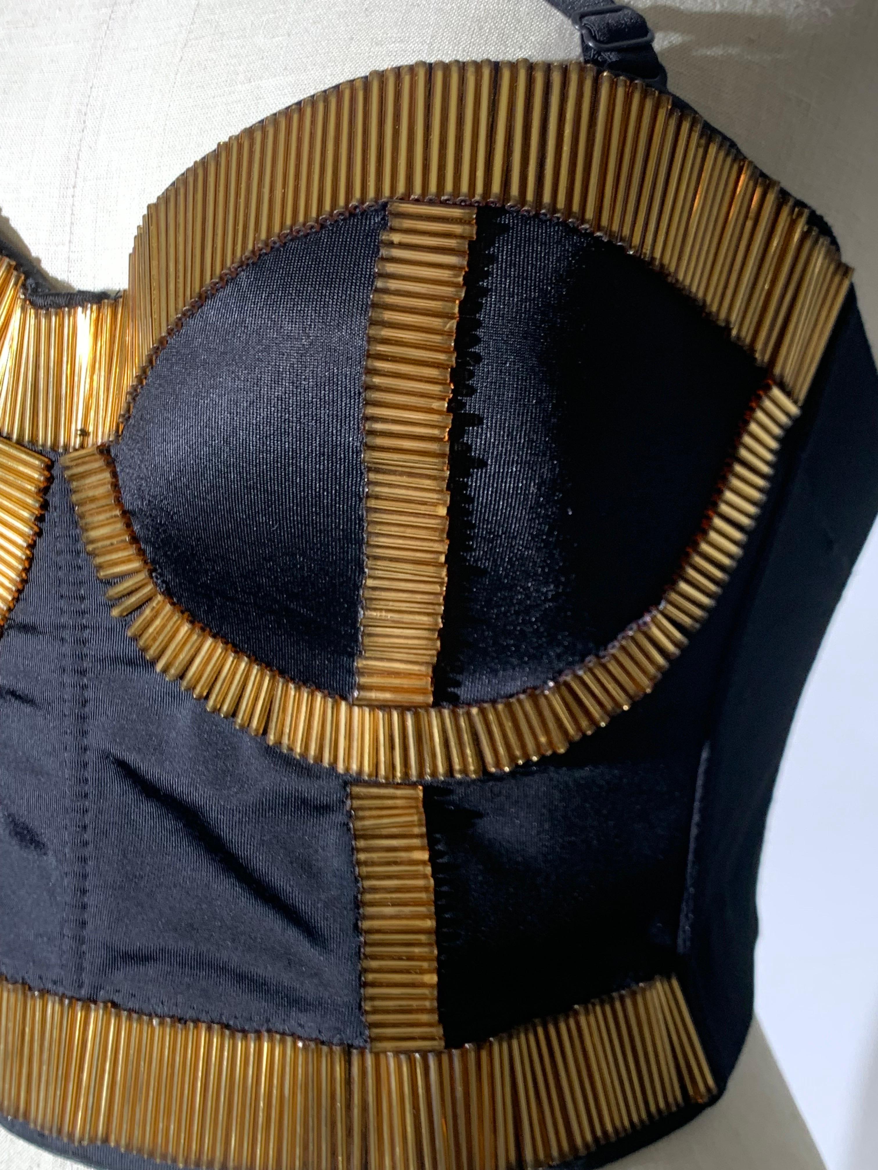 80s-Inspired Spandex Bustier w/ Long Gold Bugle Bead Edging & Adjustible Straps In New Condition For Sale In Gresham, OR