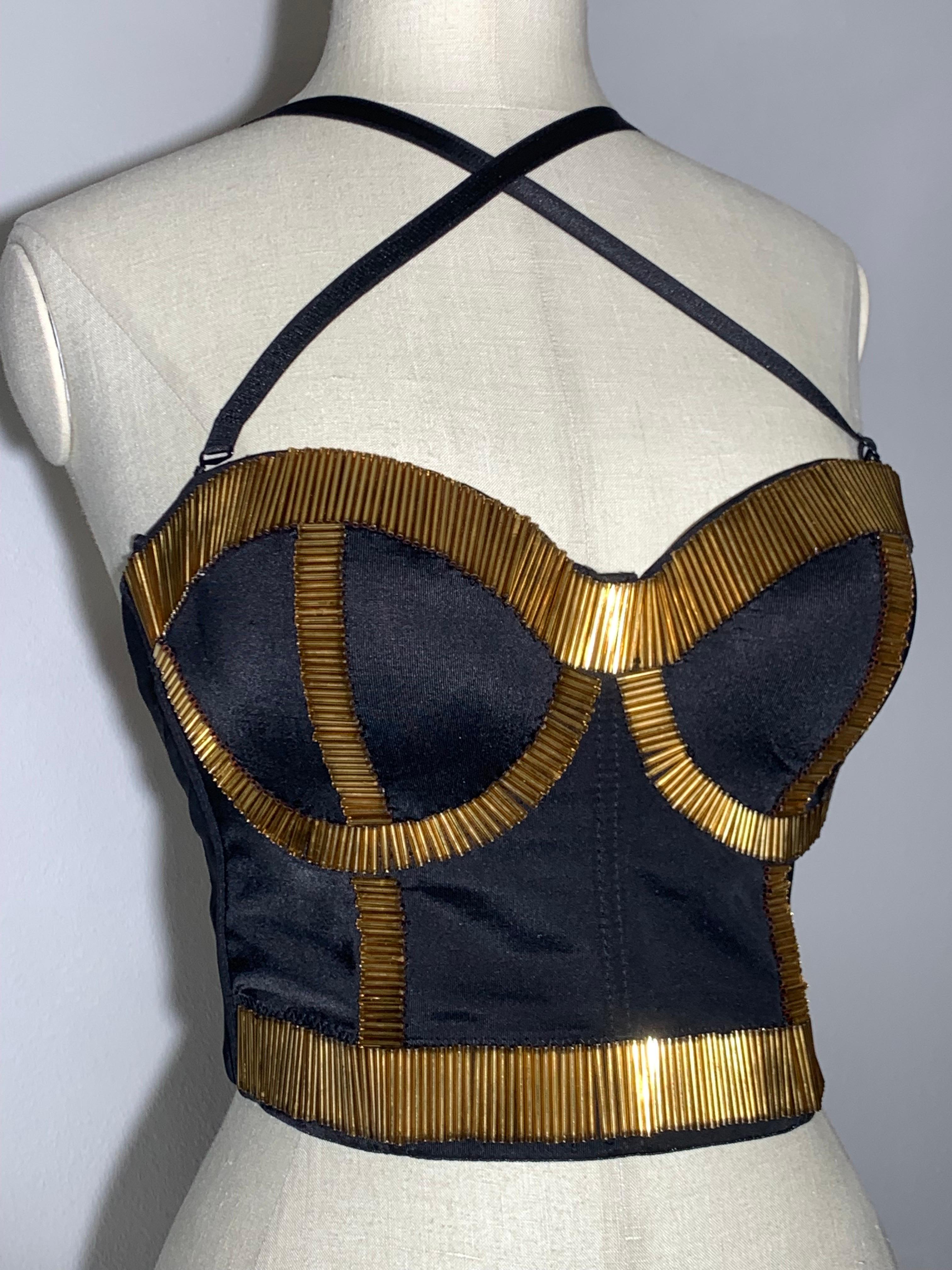 Women's 80s-Inspired Spandex Bustier w/ Long Gold Bugle Bead Edging & Adjustible Straps For Sale
