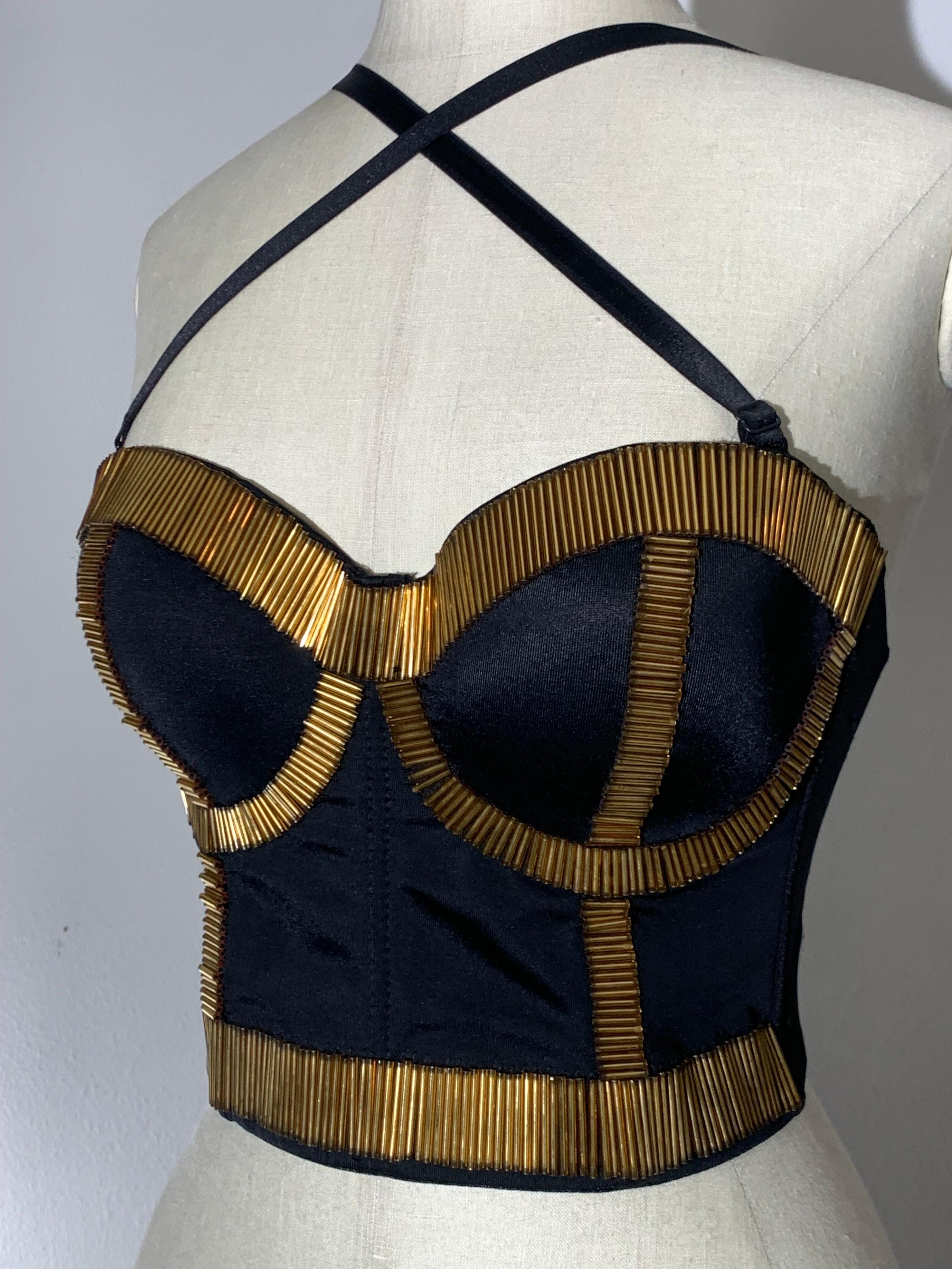 80s-Inspired Spandex Bustier w/ Long Gold Bugle Bead Edging & Adjustible Straps For Sale 4