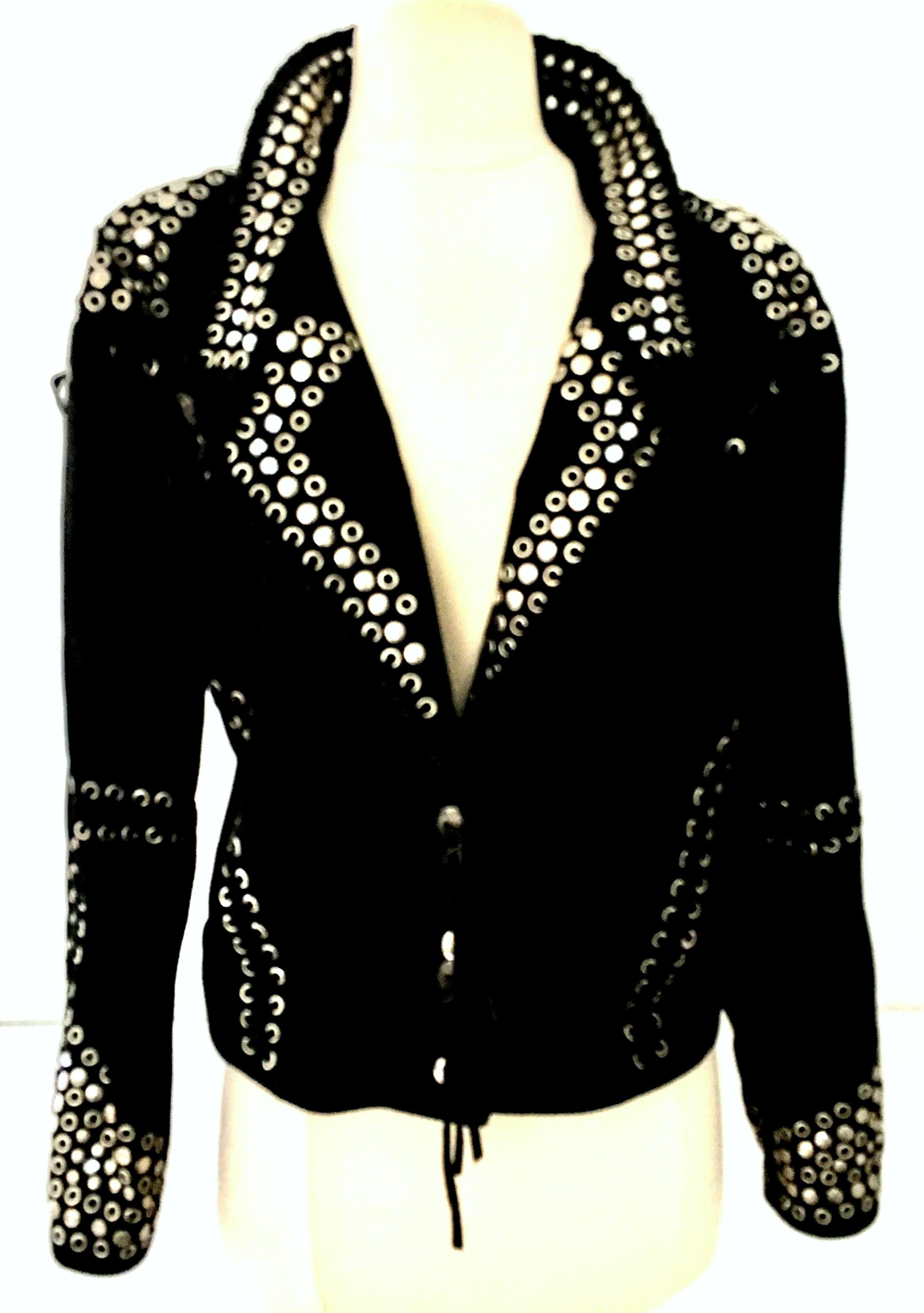 20th Century Italian black leather suede & chrome stud  Motorcycle Jacket Features soft Italian leather suede adorned with silver chrome stud, rivets and crystal clear rhinestones. There are silver etched Navajo style ornaments with braided suede