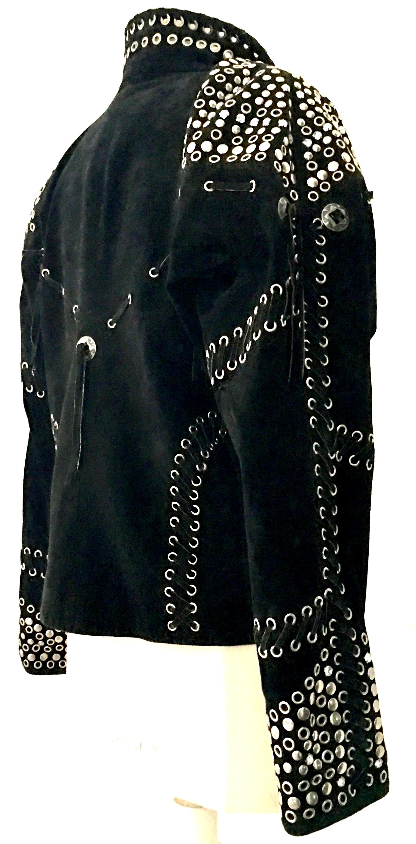 80'S Italian Black Leather Suede & Chrome Stud Motorcycle Jacket In Good Condition In West Palm Beach, FL