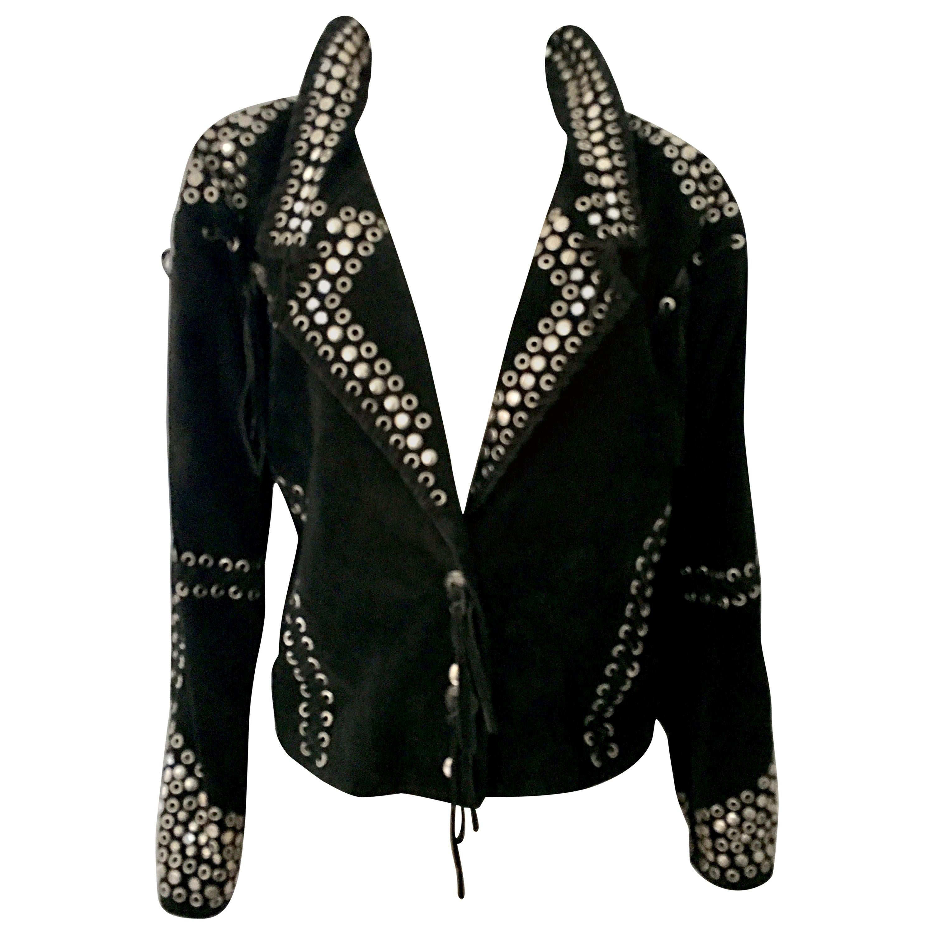80'S Italian Black Leather Suede & Chrome Stud Motorcycle Jacket