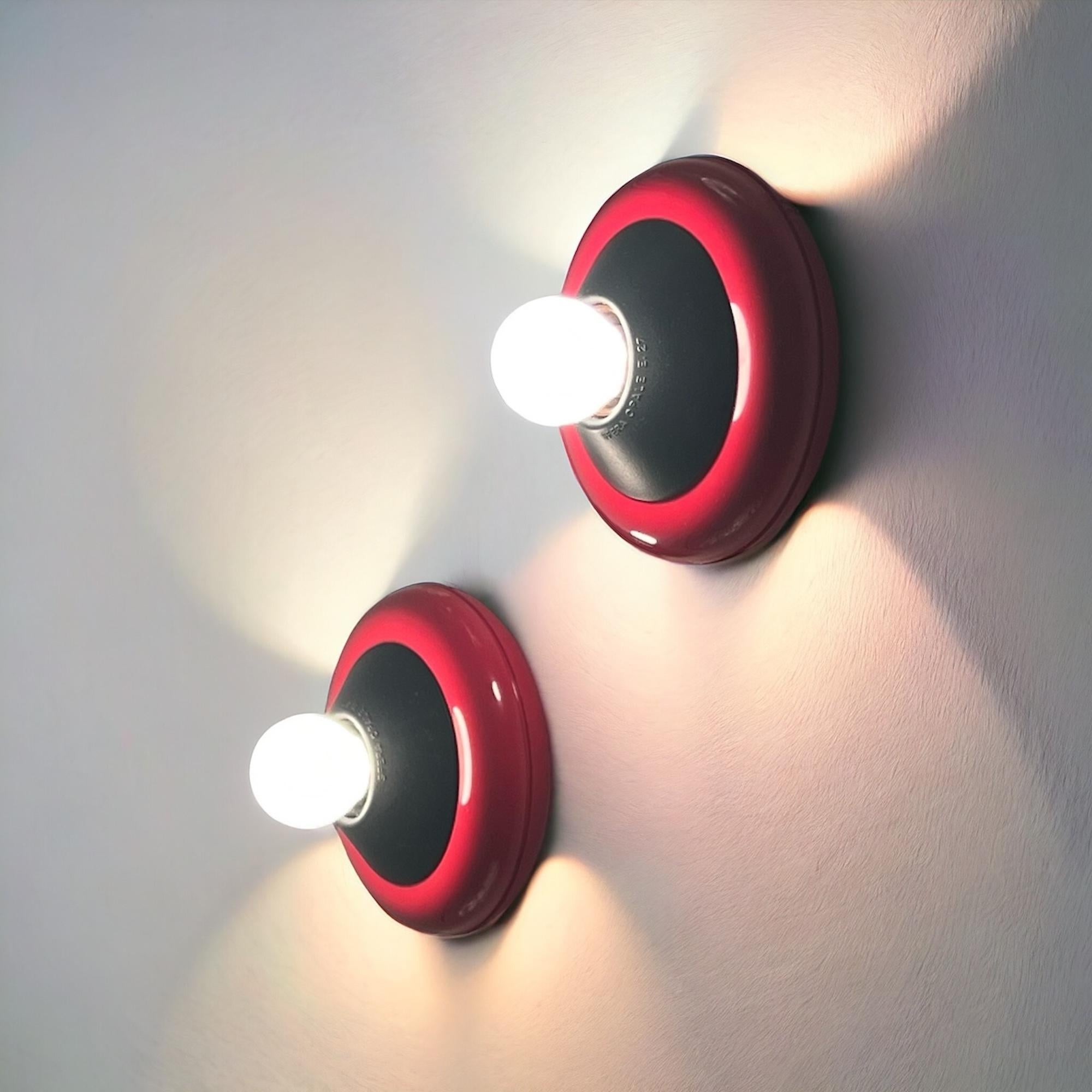 80s Italian Design Lamps by Luci Milano -'Flopi' Vibrant Red Flush Mount Lights For Sale 2