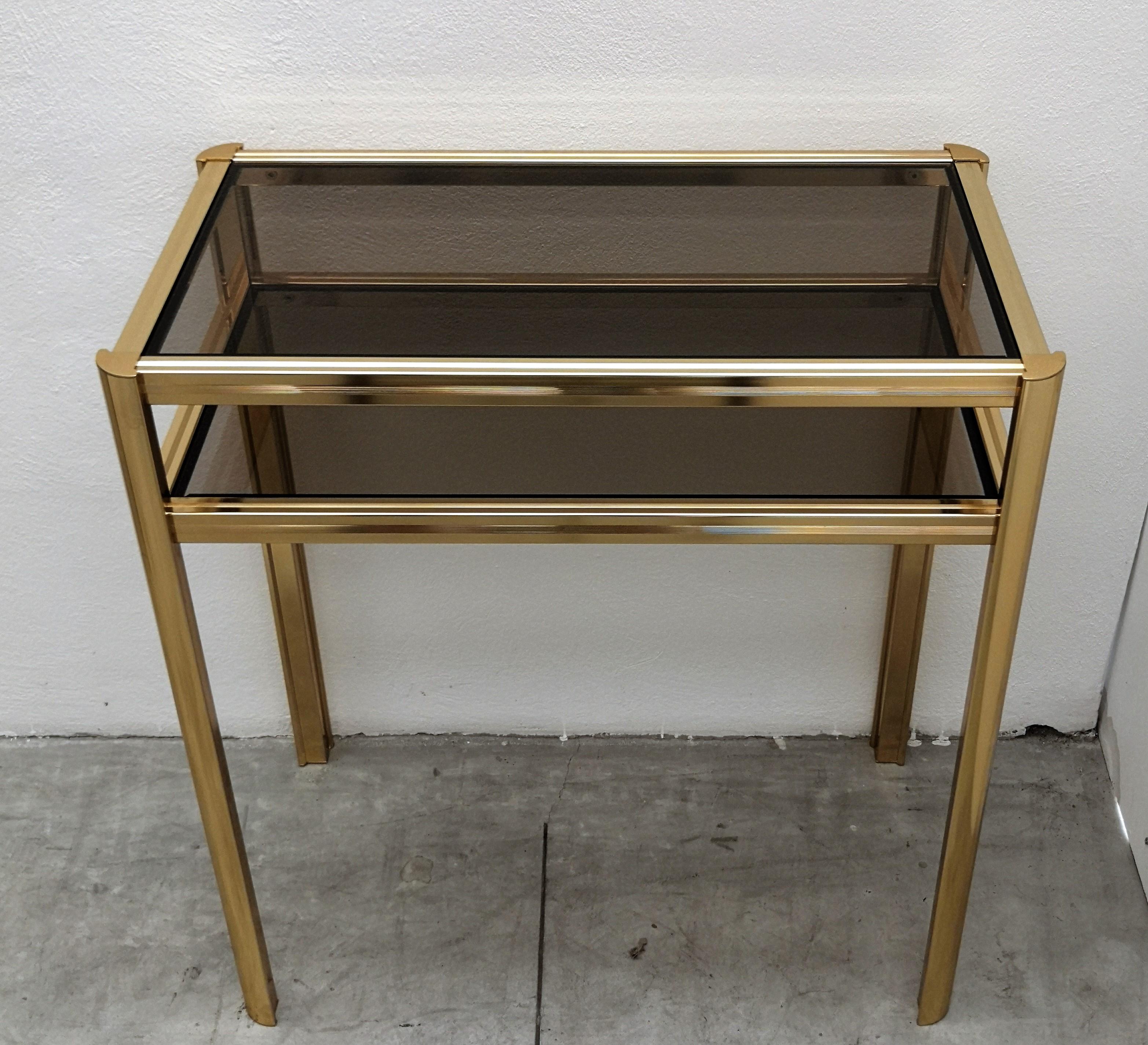 Italian 1980s Hollywood Regency Mid-Century Modern Brass and Smoked Glass Console