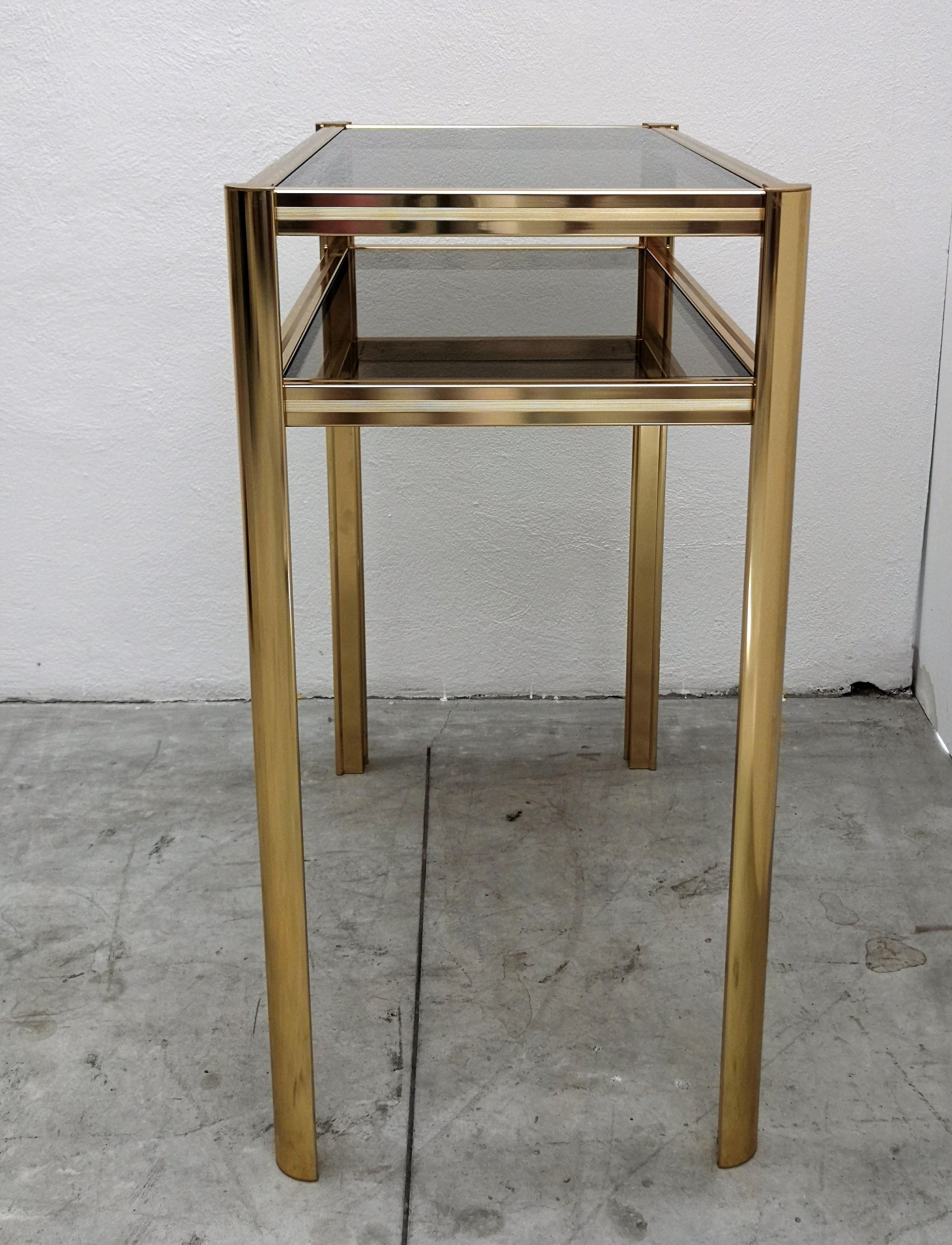 20th Century 1980s Hollywood Regency Mid-Century Modern Brass and Smoked Glass Console