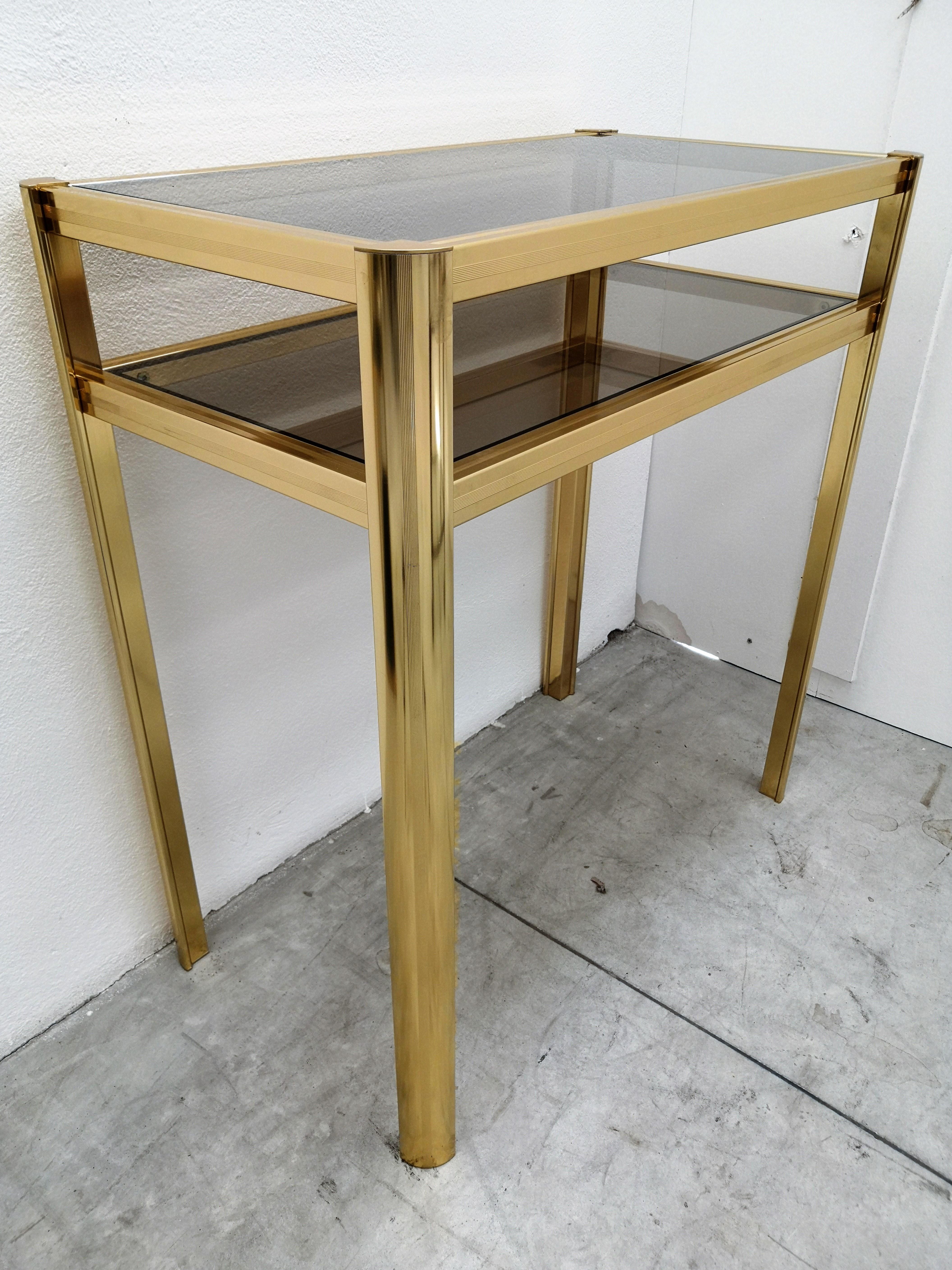 1980s Hollywood Regency Mid-Century Modern Brass and Smoked Glass Console 1