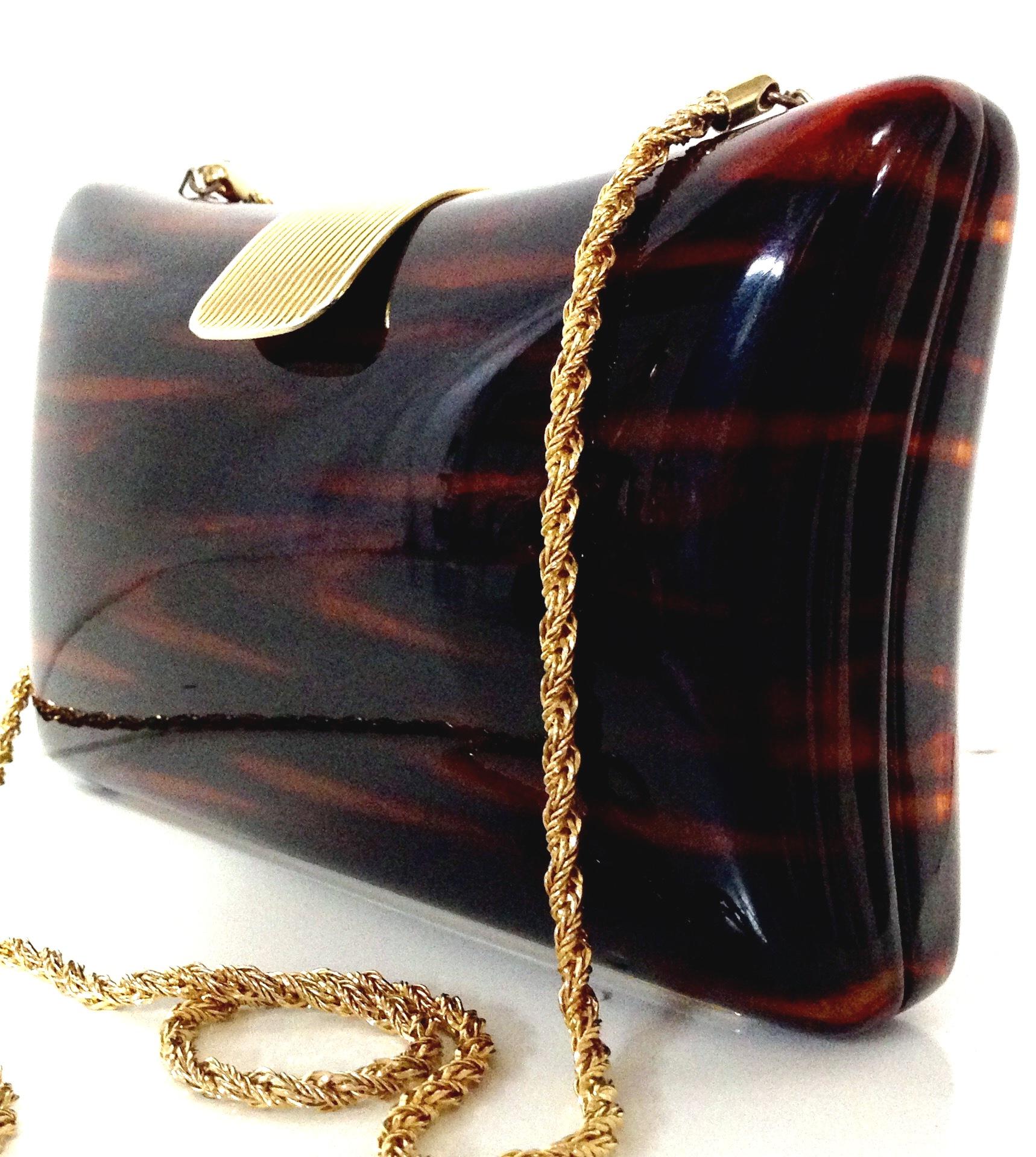 80'S Italian Lucite Faux Tortoise & Gilt Gold Handbag By, Jordan Marsh In Good Condition For Sale In West Palm Beach, FL