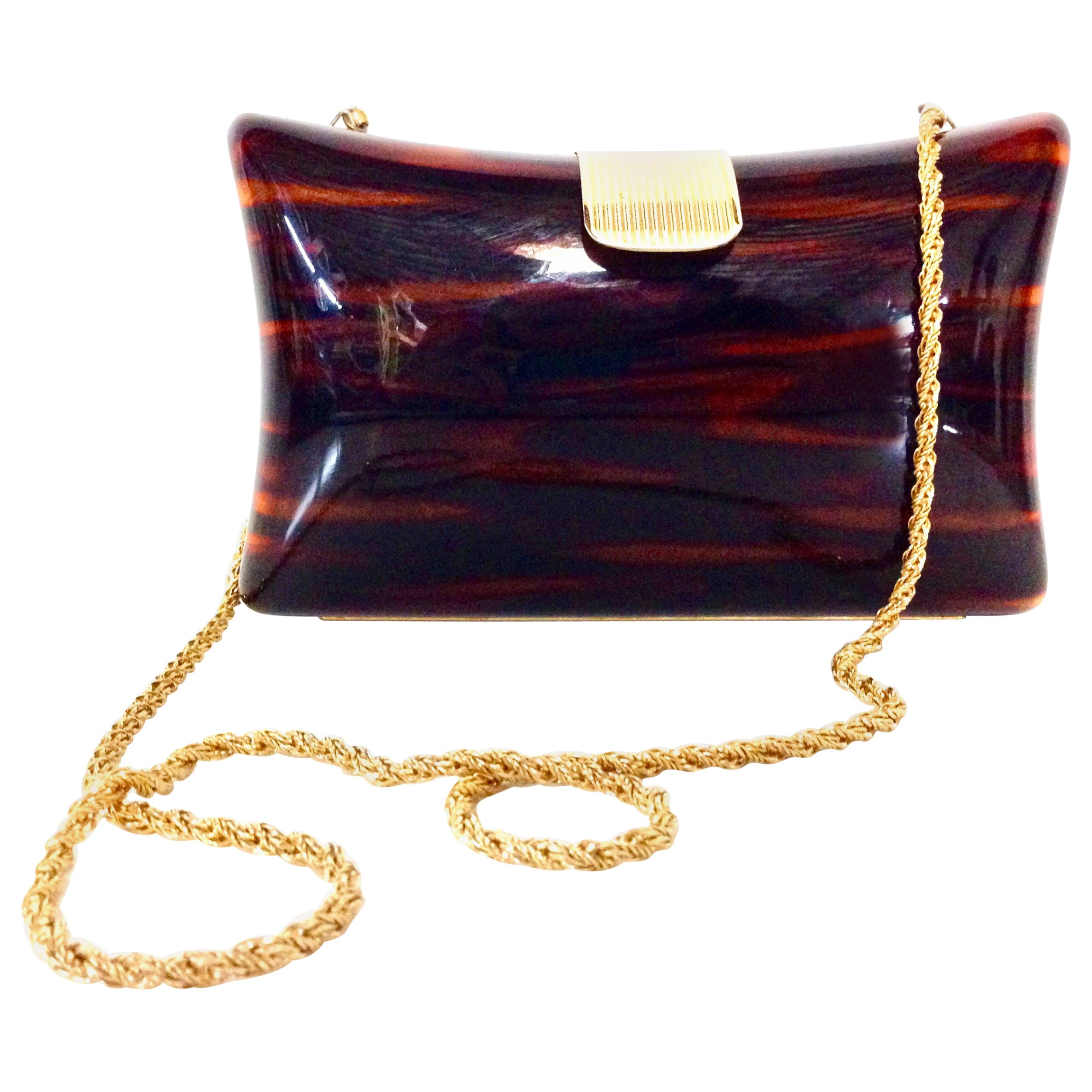 80'S Italian Lucite Faux Tortoise & Gilt Gold Handbag By, Jordan Marsh For Sale