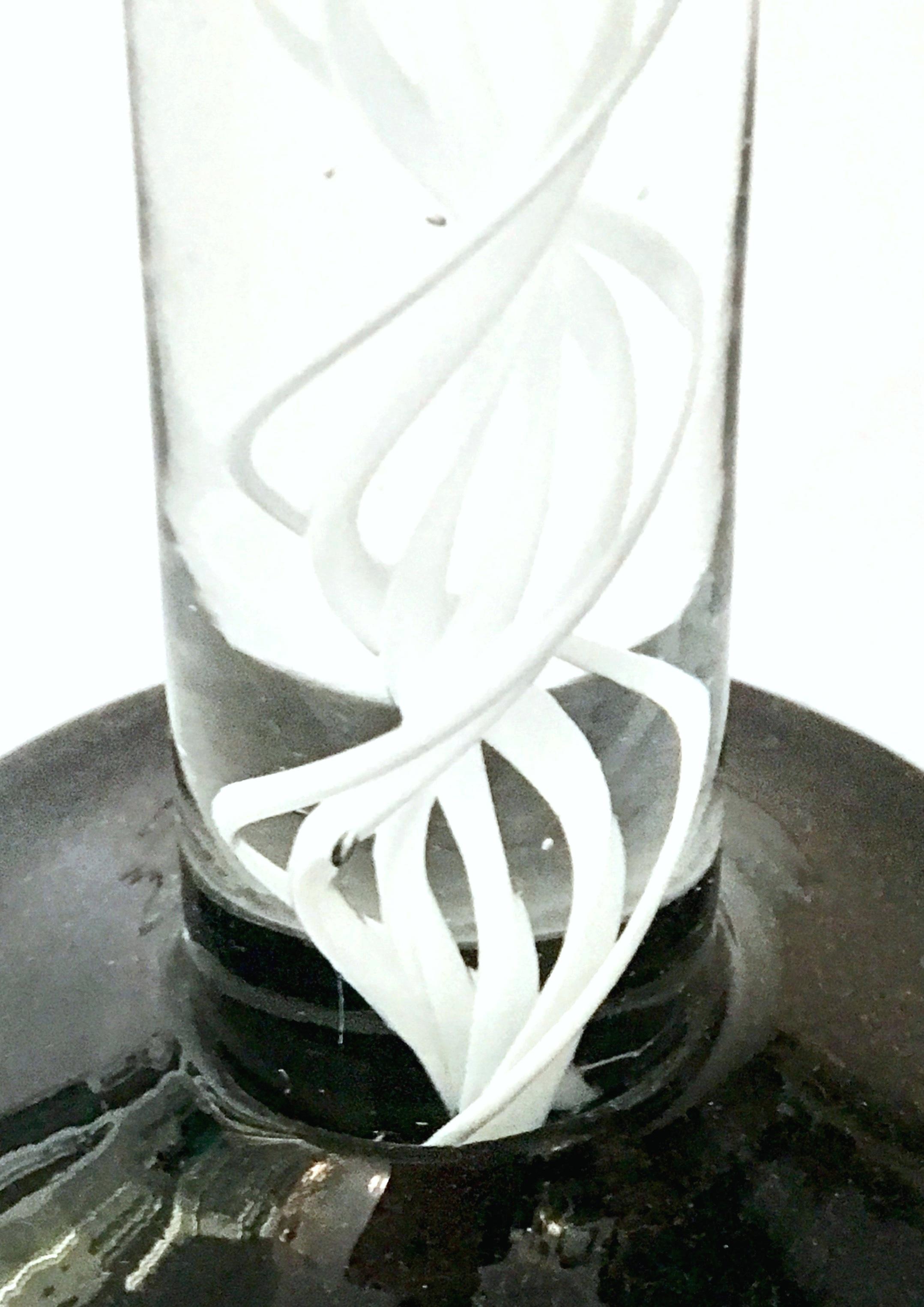 80'S Italian Murano Glass Black & White Swirl Candlestick Set Of Three 3