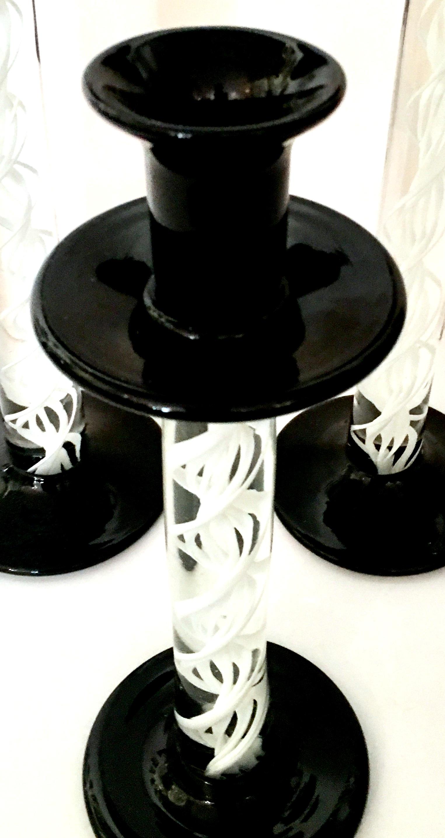 1980s Italian Murano Glass Black and White Swirl Candlestick Set of Three In Good Condition In West Palm Beach, FL