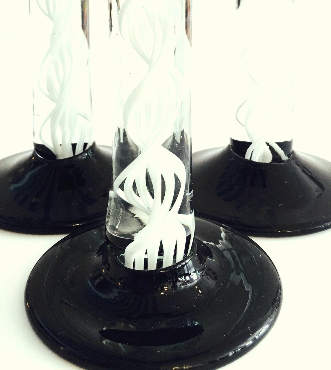 20th Century 1980s Italian Murano Glass Black and White Swirl Candlestick Set of Three