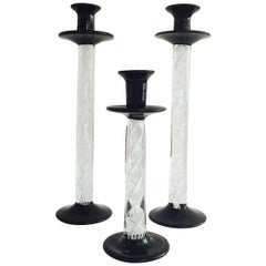 80'S Italian Murano Glass Black & White Swirl Candlestick Set Of Three