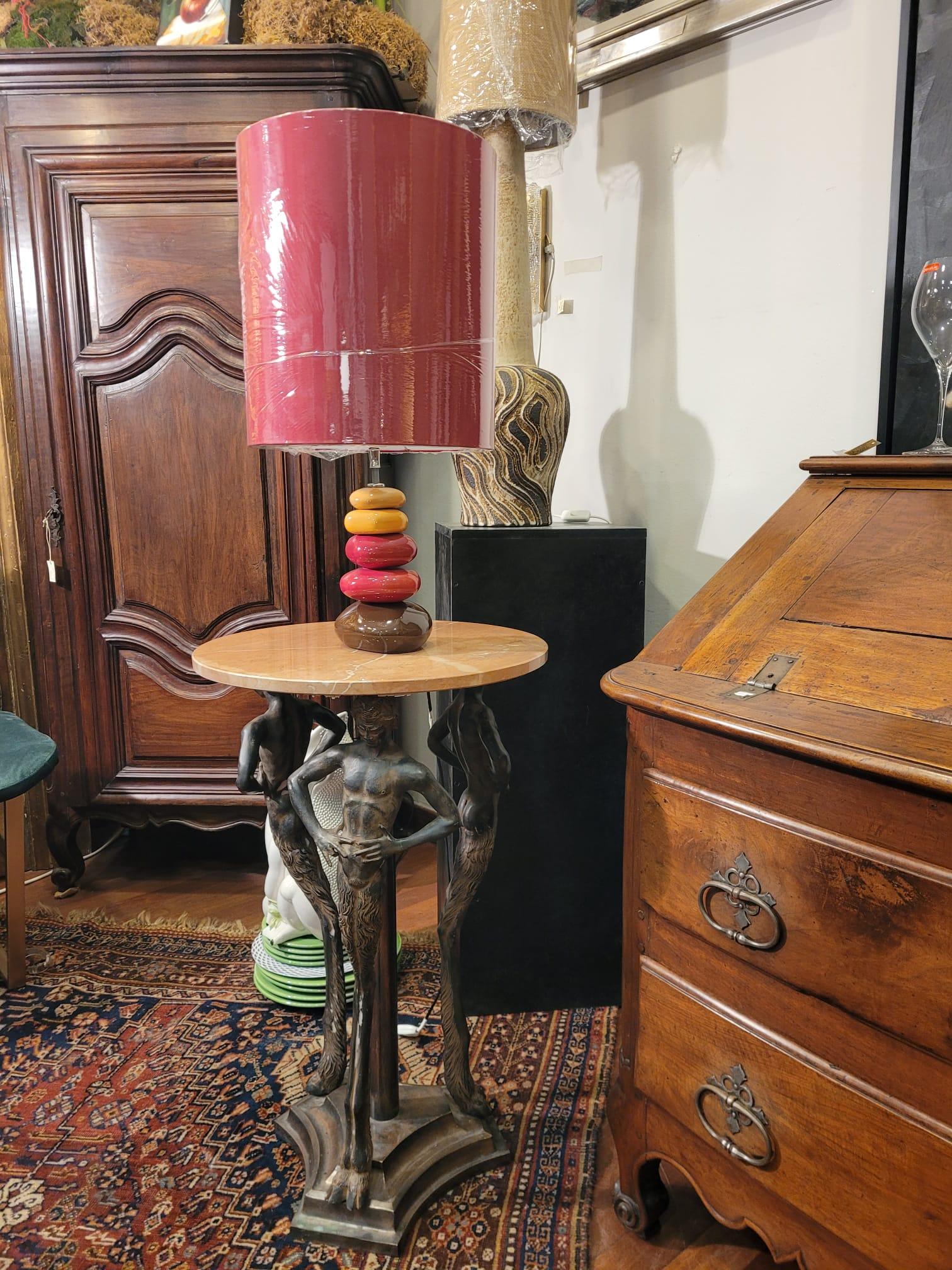 Mid-Century Modern 80s Italian Pink Marble, Bronze Gueridon, Side Table, Fauns Bronze