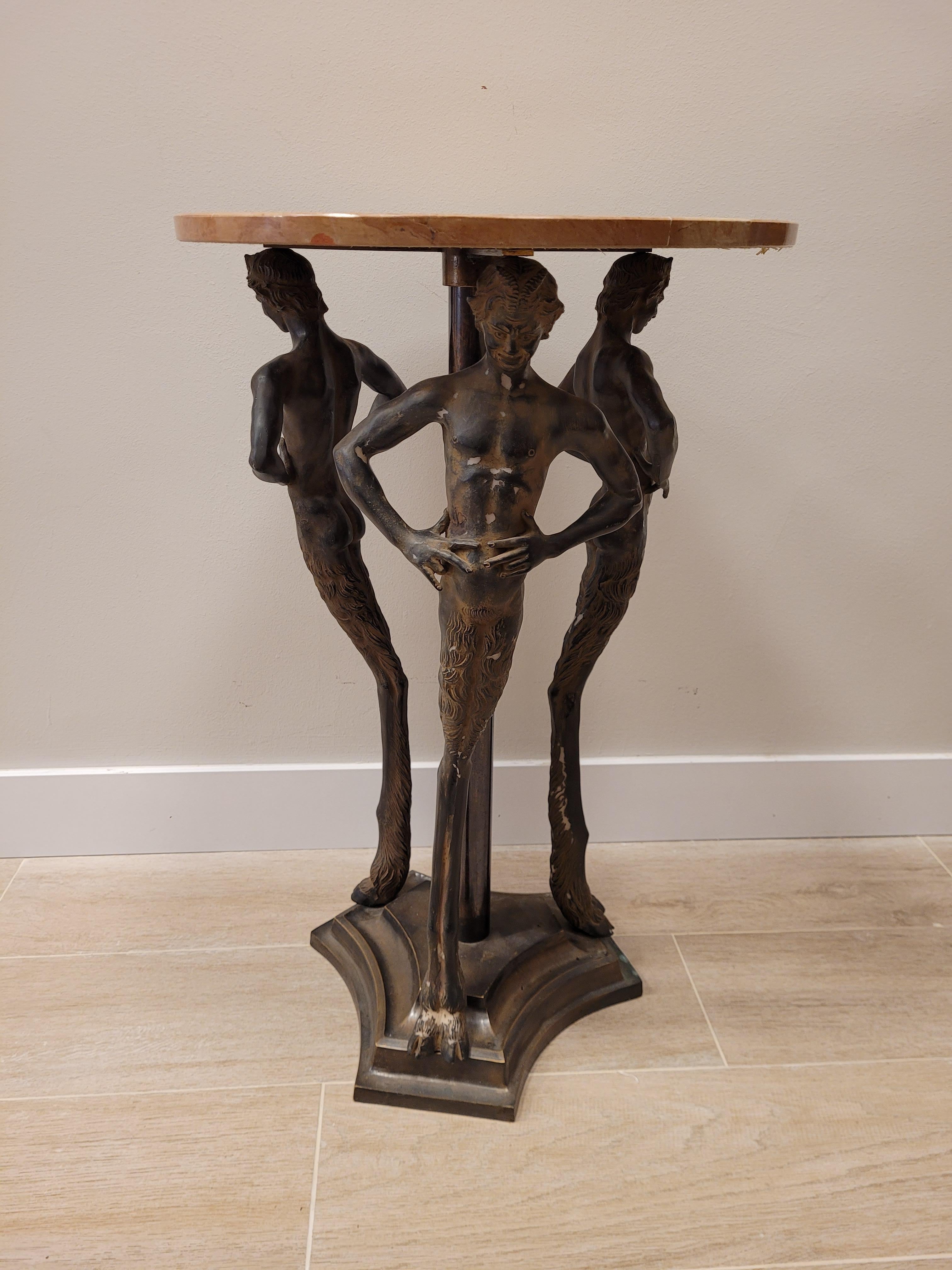 80s Italian Pink Marble, Bronze Gueridon, Side Table, Fauns Bronze In Good Condition In Valladolid, ES
