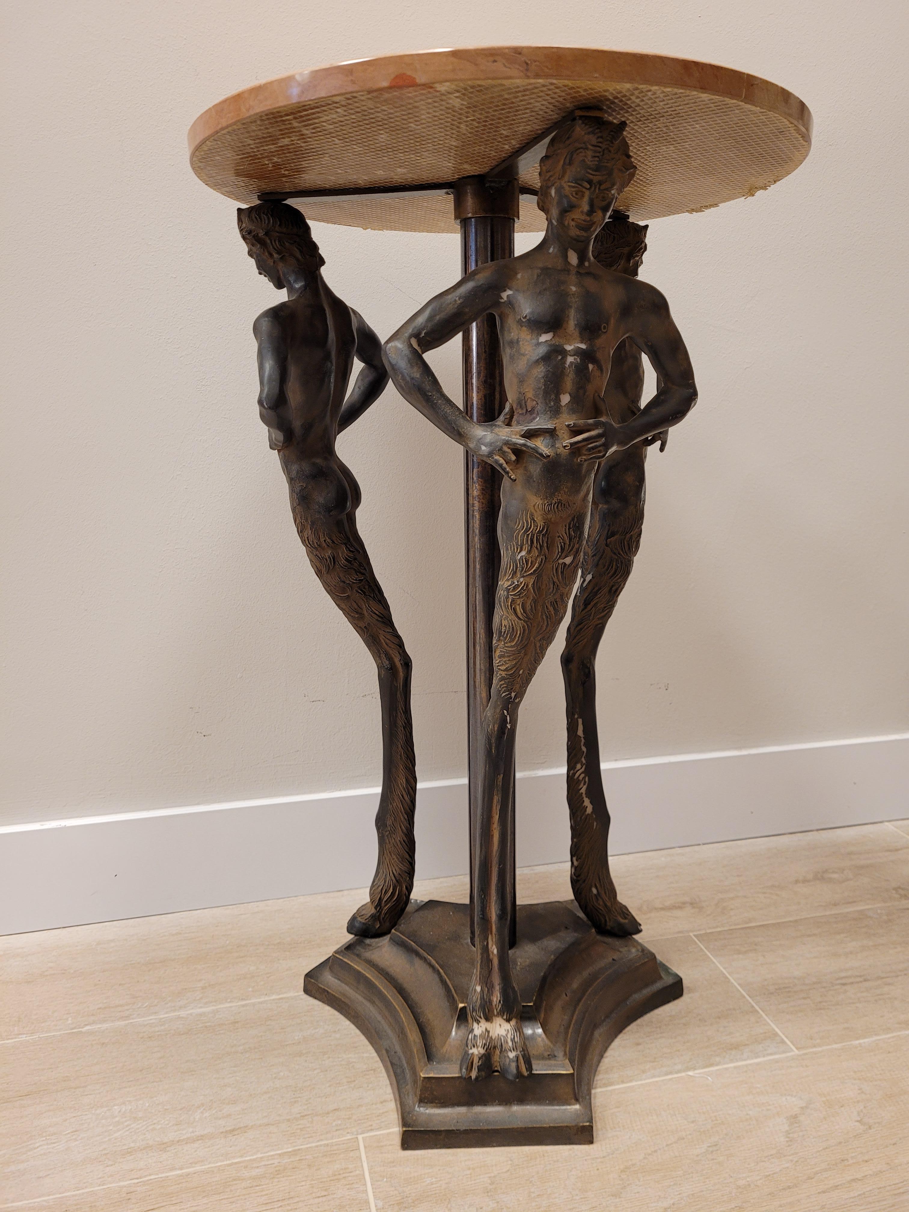 80s Italian Pink Marble, Bronze Gueridon, Side Table, Fauns Bronze 1