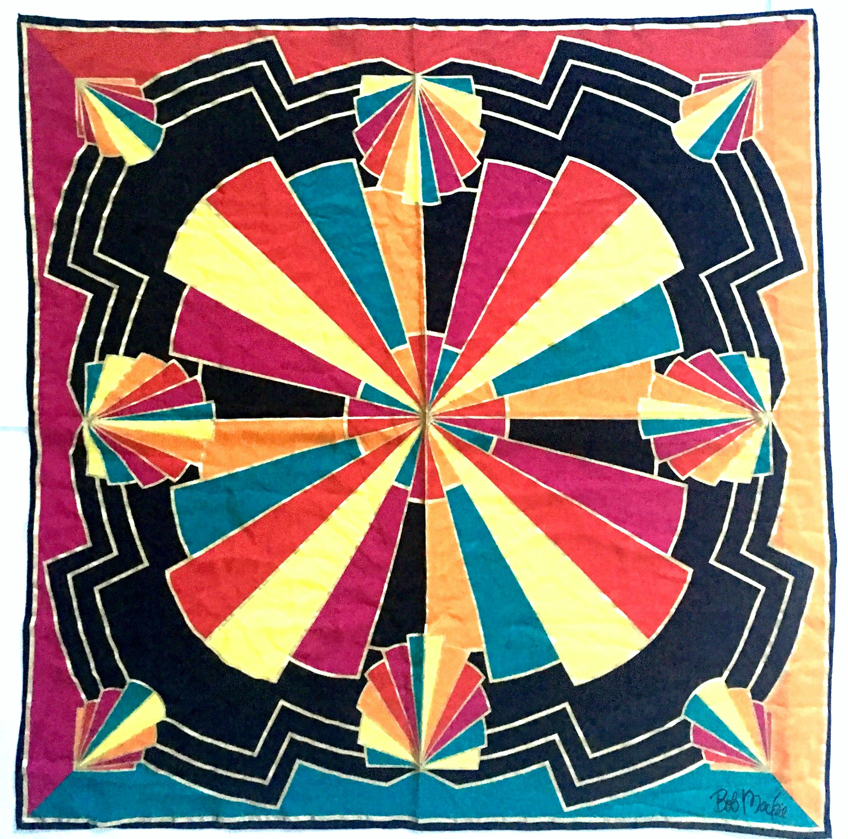 1980'S Vibrant & Graphic Japanese 100% silk chiffon scarf, with gold metallic threading detail by,  Designer Bob Mackie. Original manufactures tag intact and reads, 