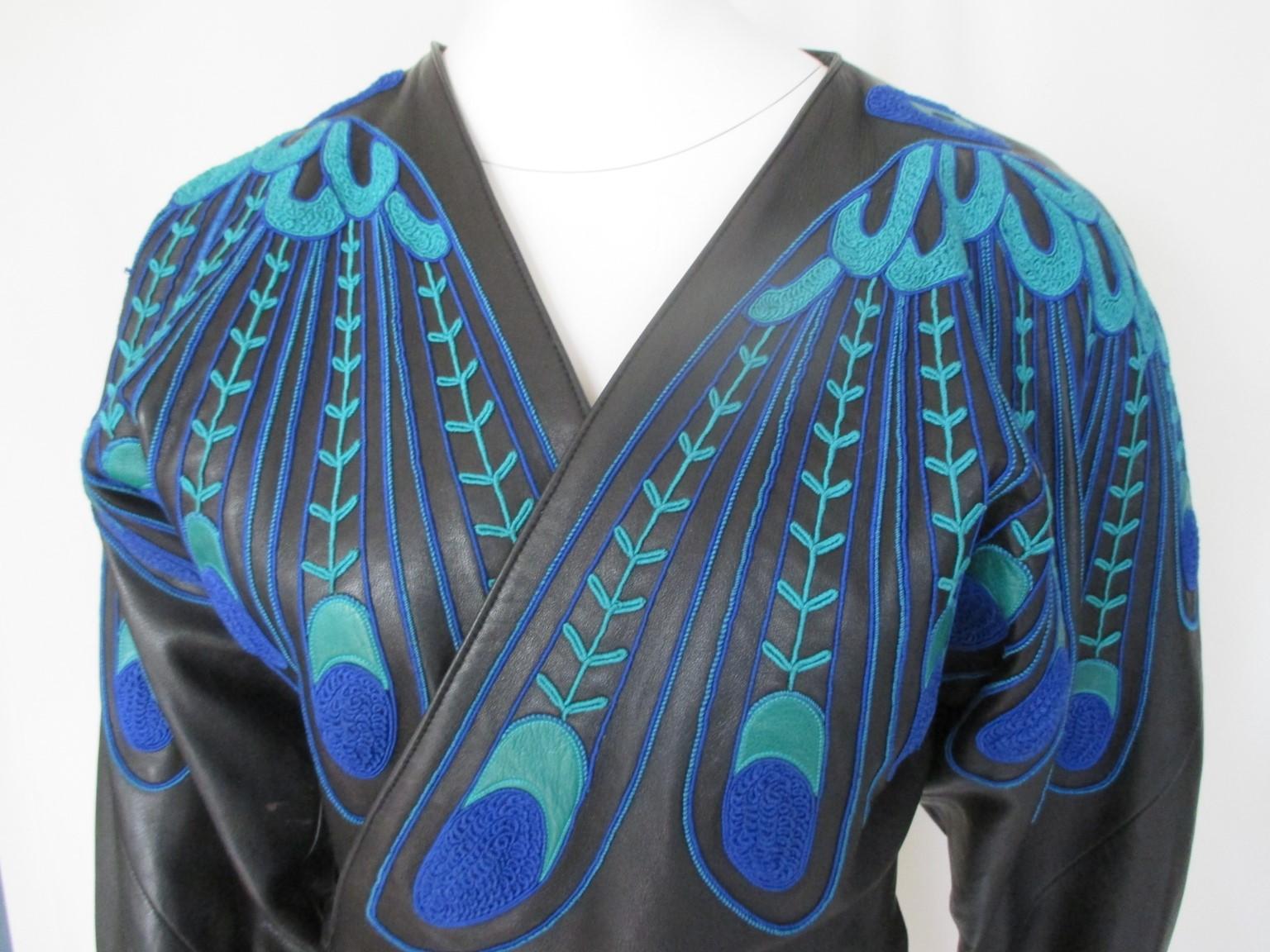 Rare 'peacock feather' embroidered leather jacket by Jean Claude Jitrois

We offer more leather Gucci, Hermes and exclusive Fur items, view our frontstore.

Details:
 Numbered and dating from the 1980s.
The softest leather.
 Fits a S / M.