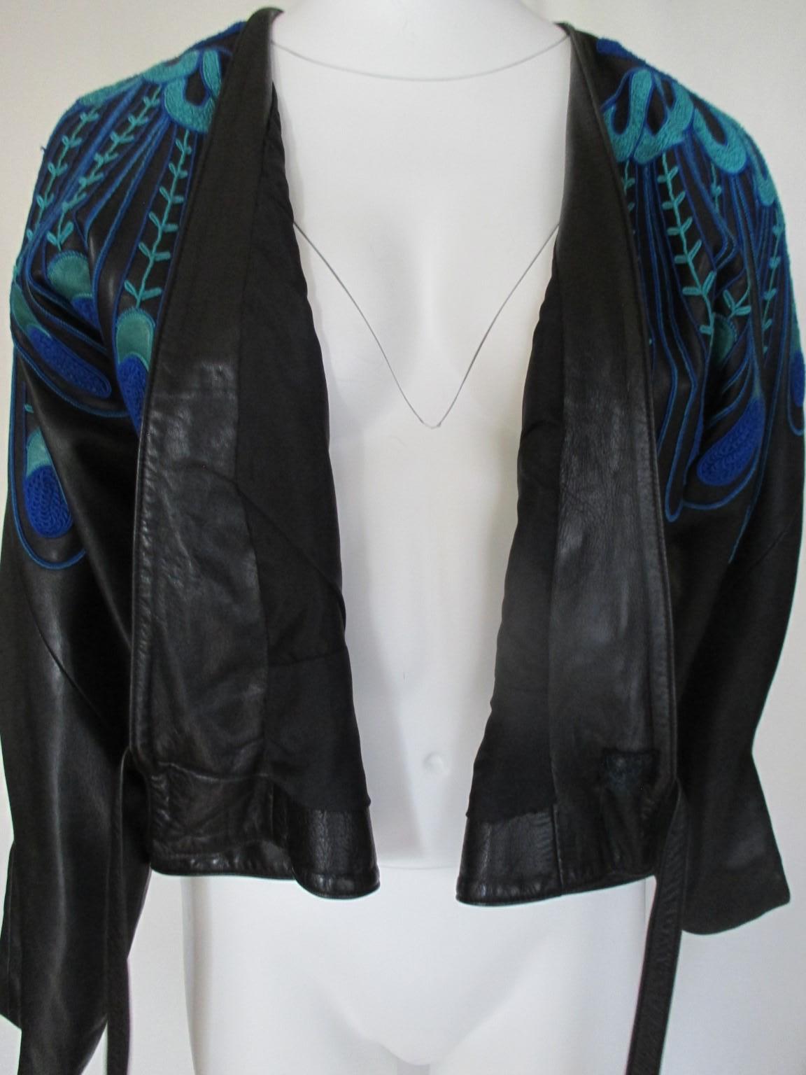 80's Jitrois Peacock Feather Blue Leather Jacket In Excellent Condition For Sale In Amsterdam, NL