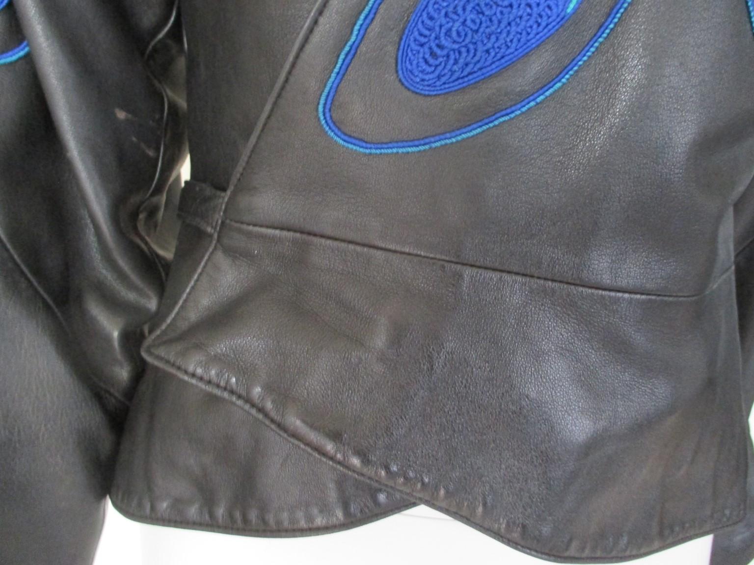 80's Jitrois Peacock Feather Blue Leather Jacket For Sale 3