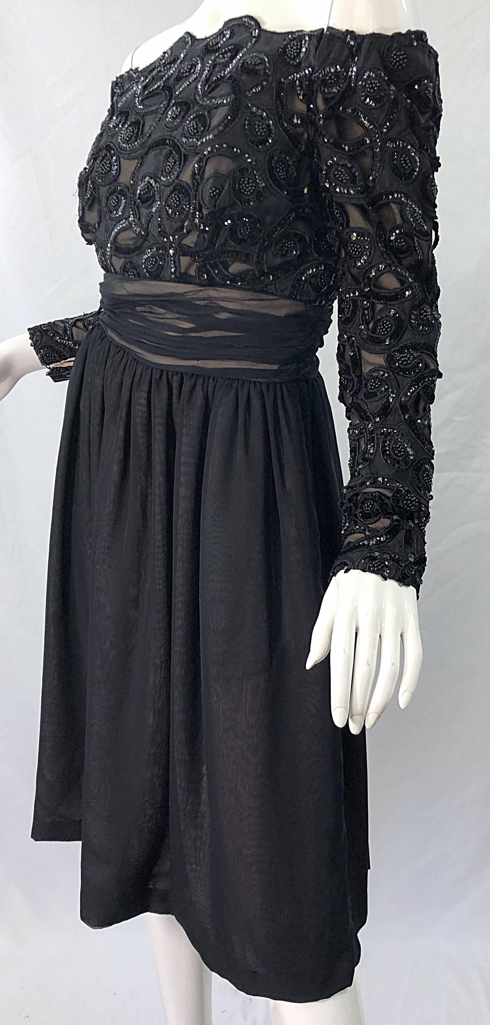 80s Kevan Hall Couture Black Sequin 1980s Off Shoulder Vintage Cocktail Dress For Sale 3