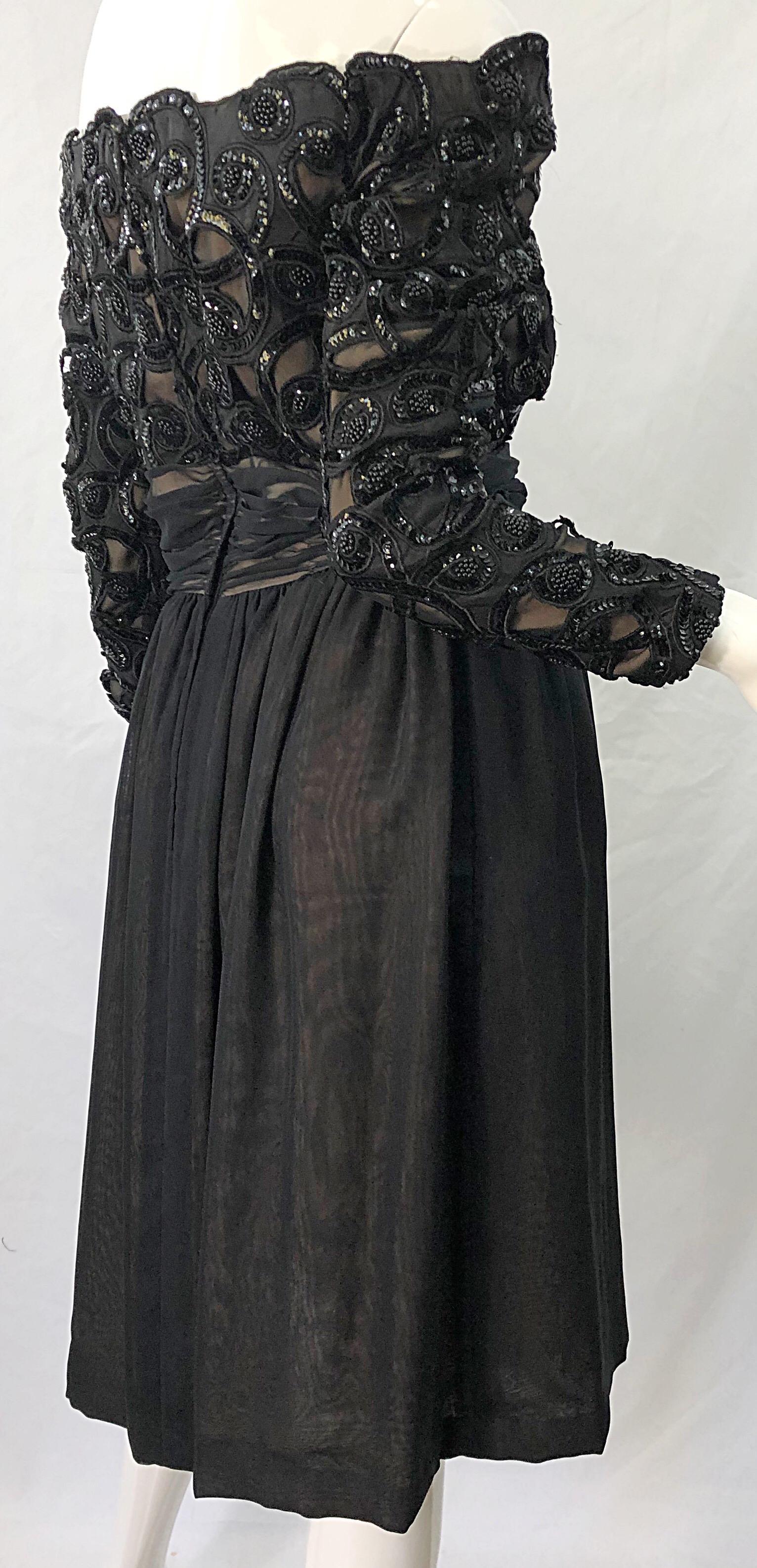 80s Kevan Hall Couture Black Sequin 1980s Off Shoulder Vintage Cocktail Dress For Sale 4