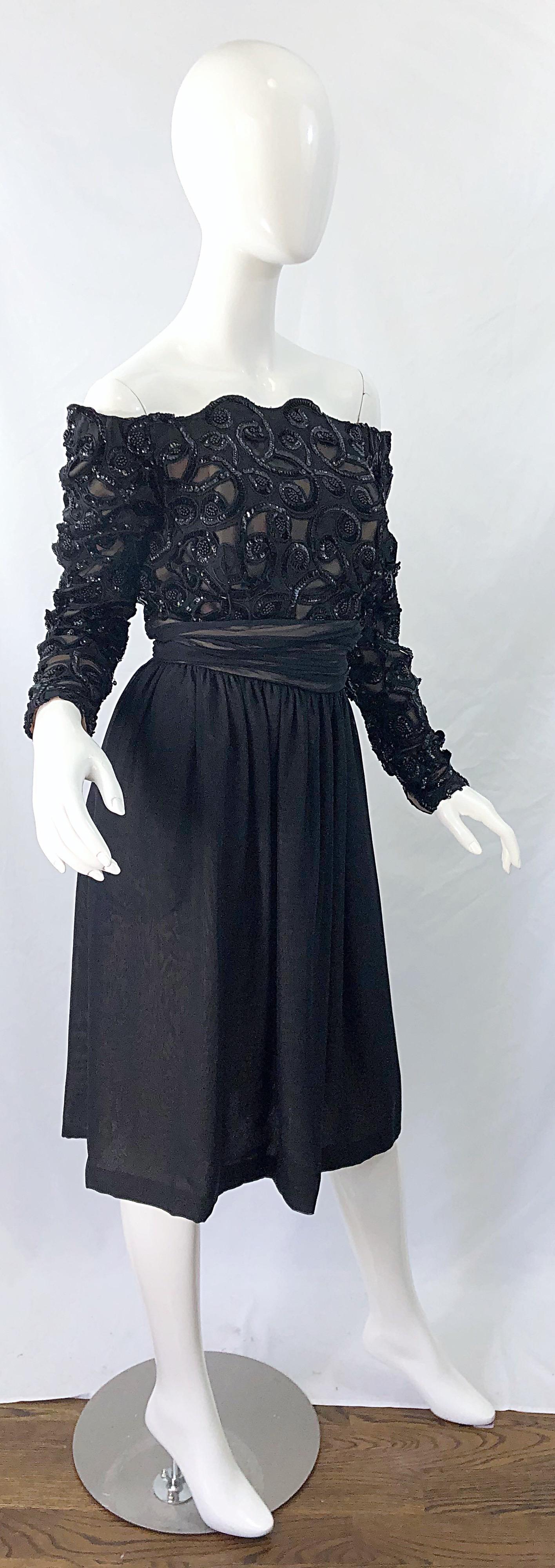 80s Kevan Hall Couture Black Sequin 1980s Off Shoulder Vintage Cocktail Dress For Sale 5