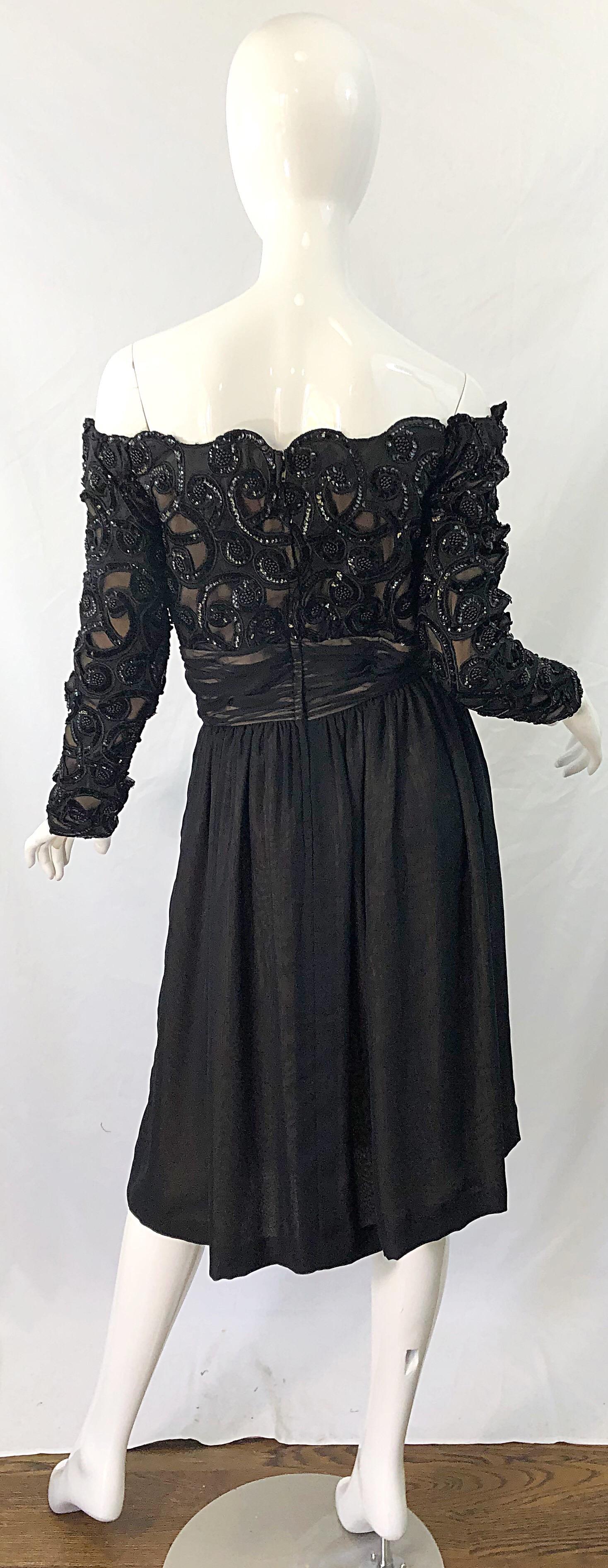 80s Kevan Hall Couture Black Sequin 1980s Off Shoulder Vintage Cocktail Dress For Sale 6