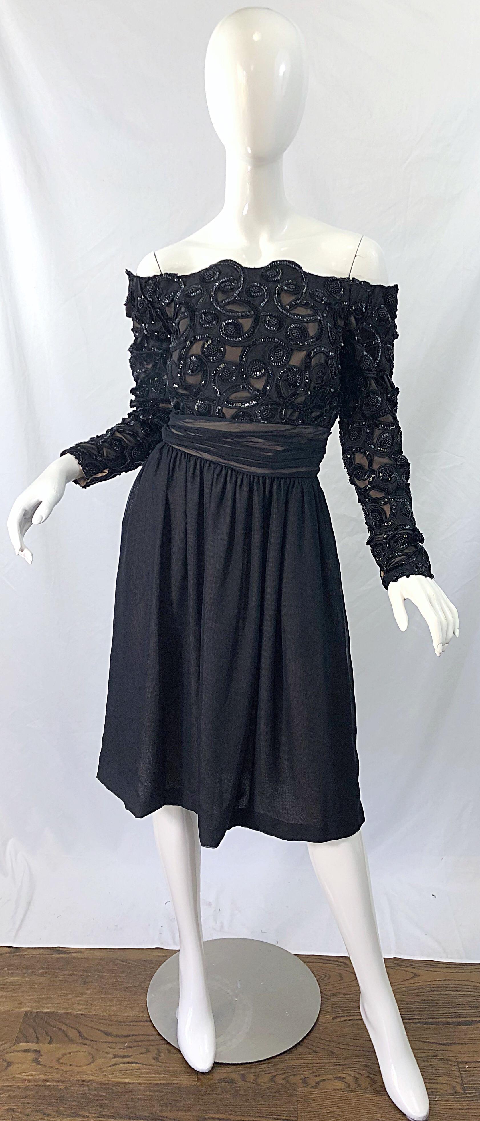 80s Kevan Hall Couture Black Sequin 1980s Off Shoulder Vintage Cocktail Dress For Sale 7