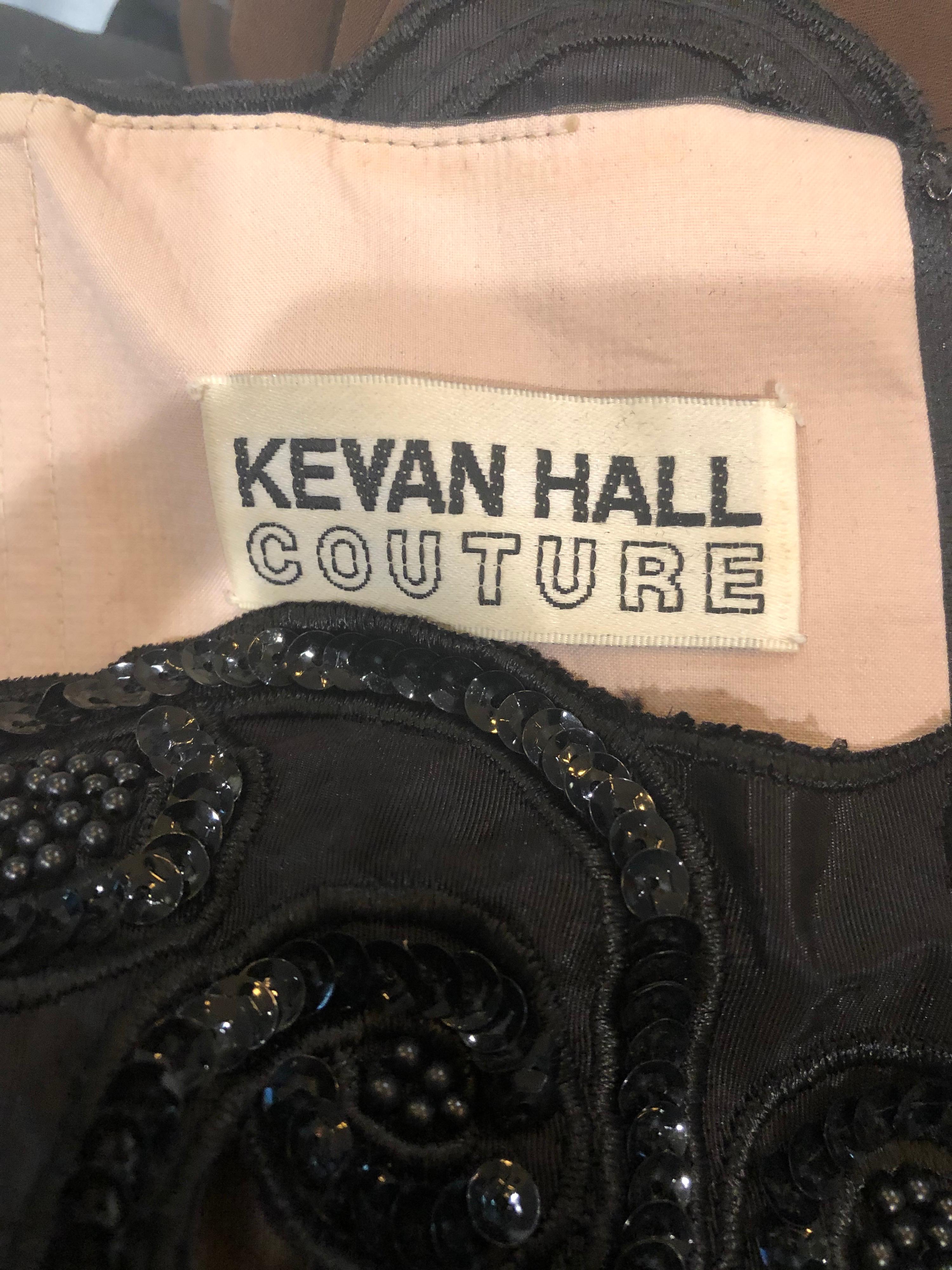 80er Kevan Hall Couture schulterfreies Vintage-Cocktailkleid mit Pailletten, Größe 10 (Schwarz) im Angebot