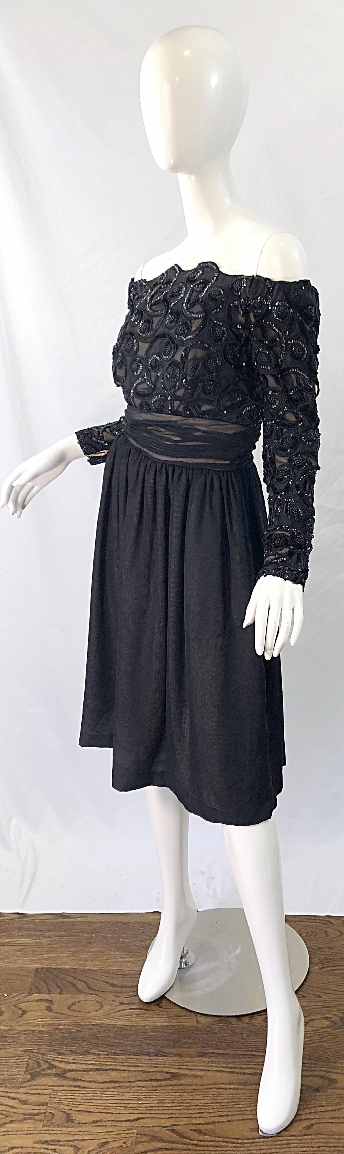 80s Kevan Hall Couture Black Sequin 1980s Off Shoulder Vintage Cocktail Dress In Excellent Condition For Sale In San Diego, CA