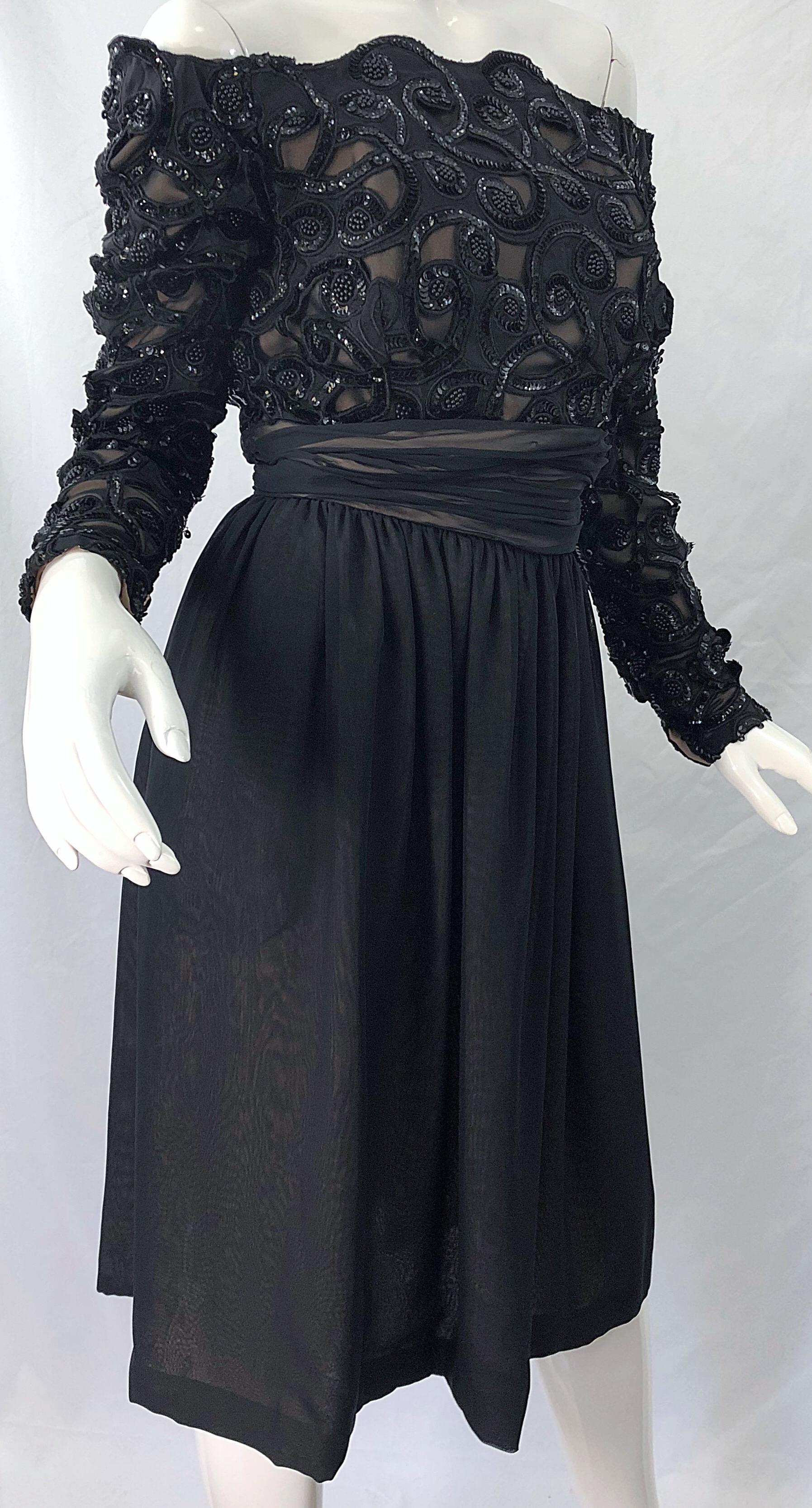 Women's 80s Kevan Hall Couture Black Sequin 1980s Off Shoulder Vintage Cocktail Dress For Sale